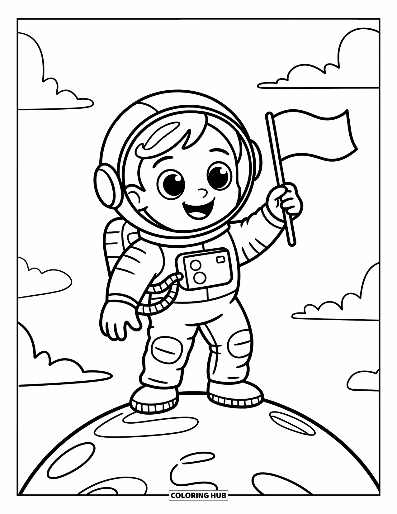 Planeet Kleurplaat voor Kinderen: Een zwaaiende astronaut staat op een kleine ronde wereld, met een vlag in de hand terwijl lachende wolken voorbij drijven