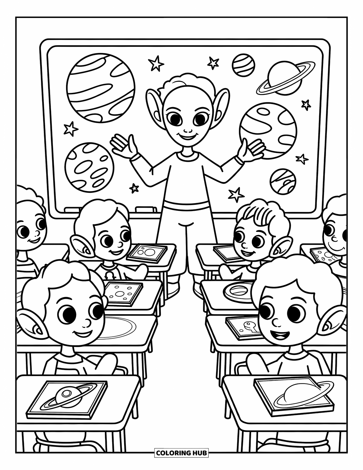 Planeet Kleurplaat voor Kinderen: Alien studenten leren over de planeten van een lachende leraar en een gedetailleerde zonnestelselkaart
