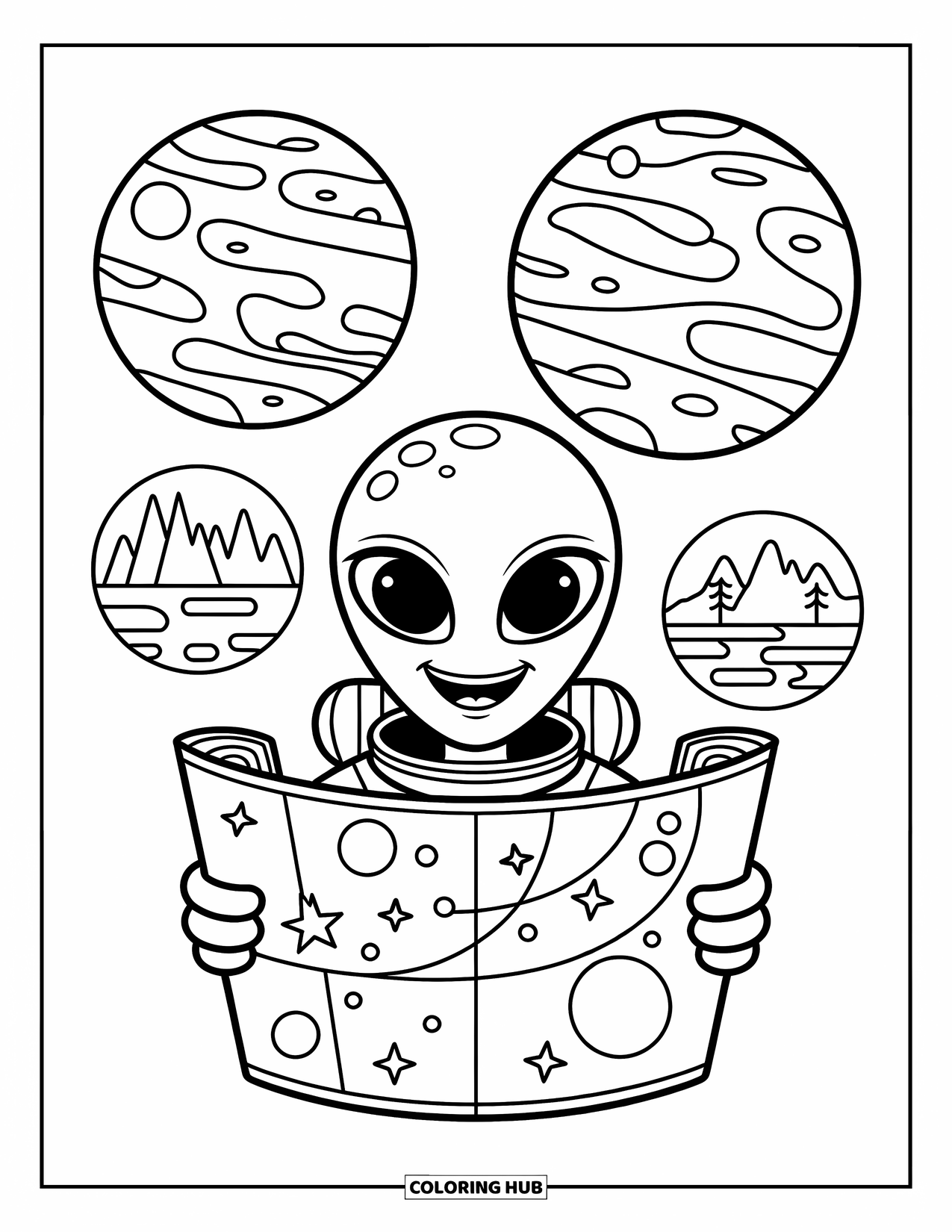 Planeet Kleurplaat voor Kinderen: Een alien met een rugzak glimlacht terwijl hij drie planeten met bergen, steden en bossen in kaart brengt