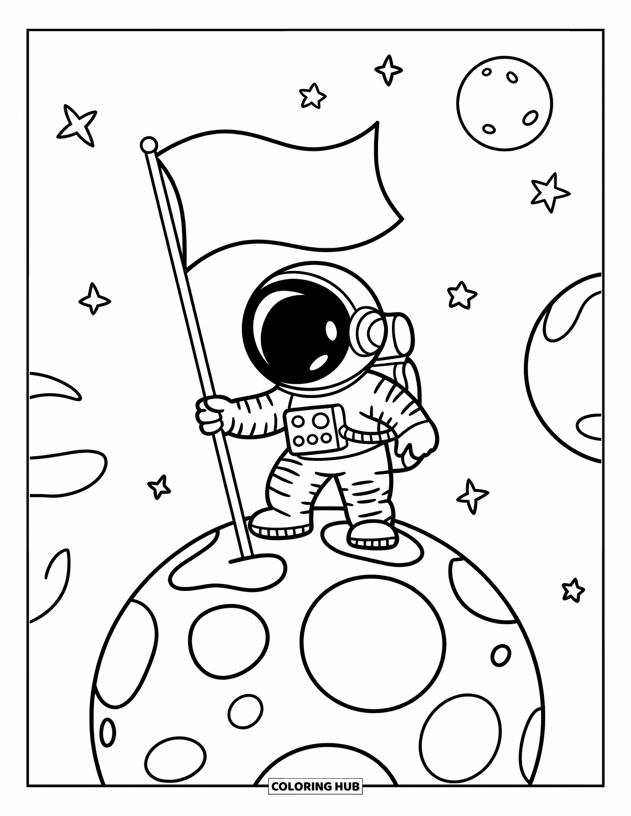 Planeet Kleurplaat voor Kinderen: Een astronaut met grote ogen plant een vlag op een ronde planeet terwijl sterren en een maan in de buurt zweven