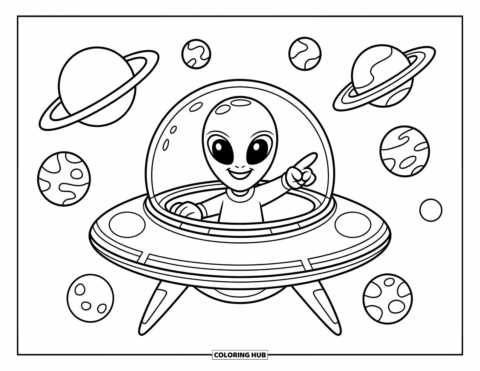 Planeet Kleurplaat voor Kinderen: Een opgewonden alien wijst vooruit vanuit zijn ruimteschip, grijnzend naar de rij planeten in zicht