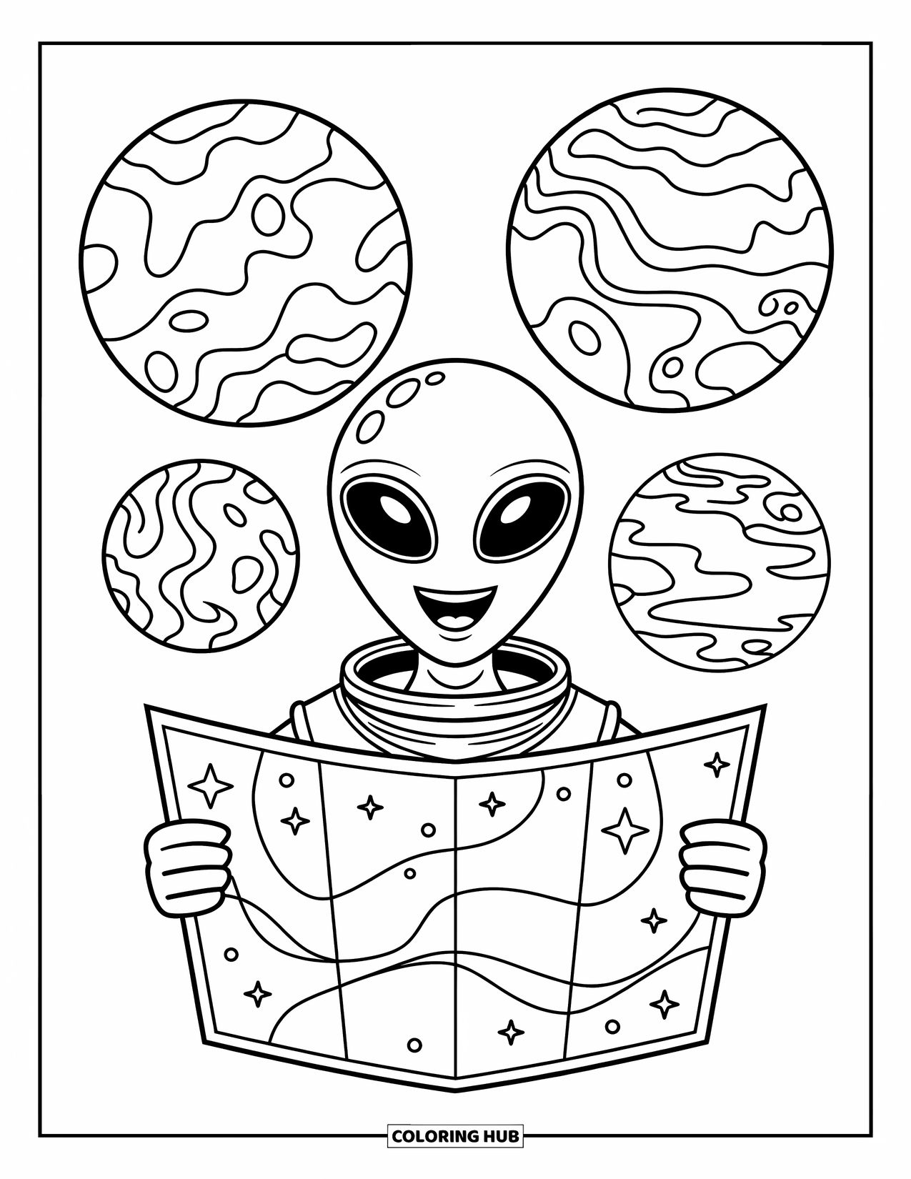 Planeet Kleurplaat voor Kinderen: Een expressieve alien houdt een met sterren gevulde kaart vast met wervelende, bergachtige en met oceanen bedekte planeten