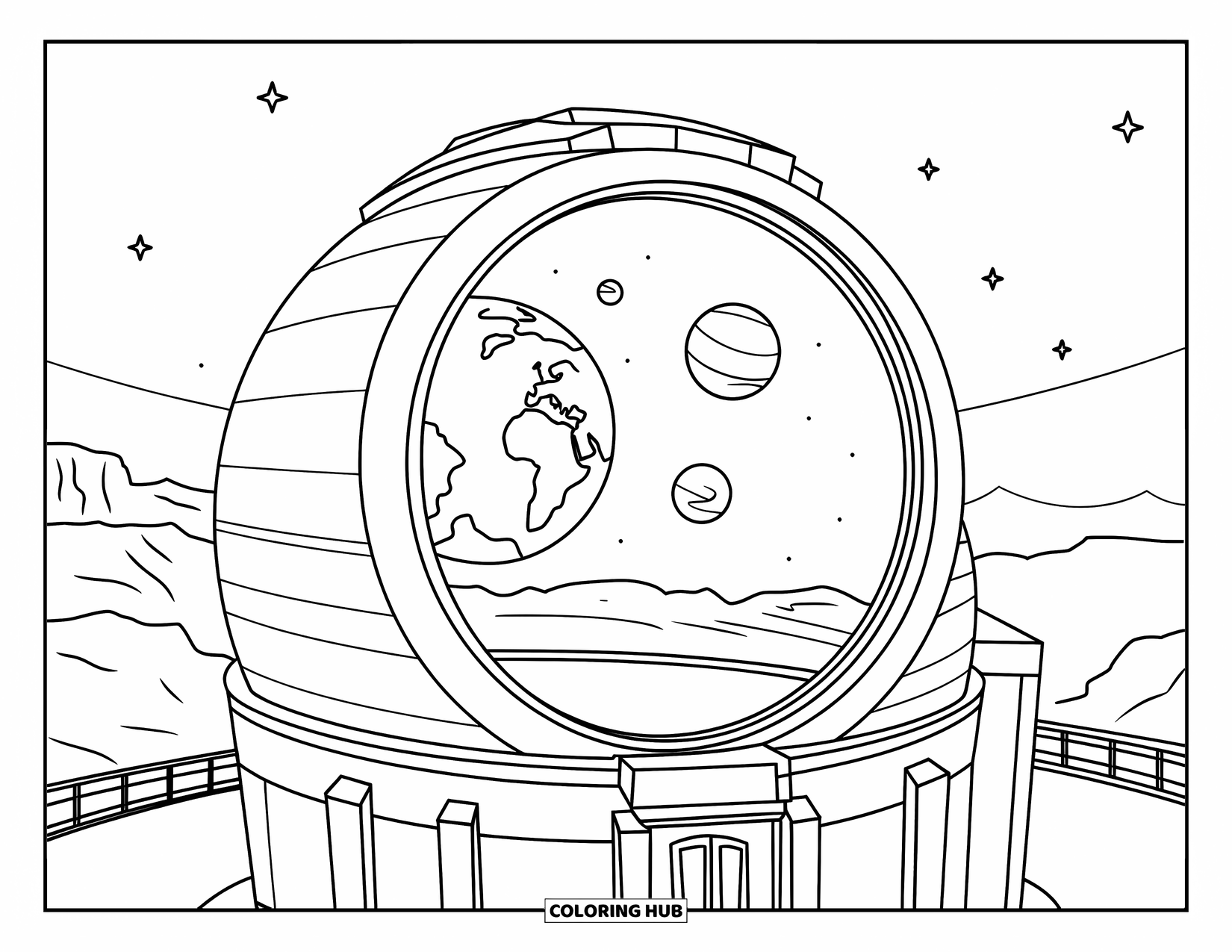 Planeet Kleurplaat voor Kinderen: Een observatoriumkoepel onthult de Aarde, Uranus en Neptunus door zijn gigantische telescoop lens