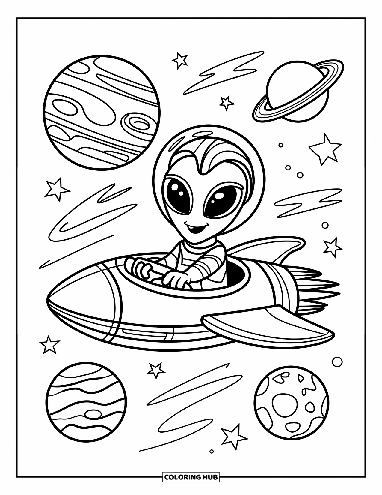 Planeet Kleurplaat voor Kinderen: Schattige alien leidt een glad ruimteschip langs wervelende gasreuzen en gloeiende paden
