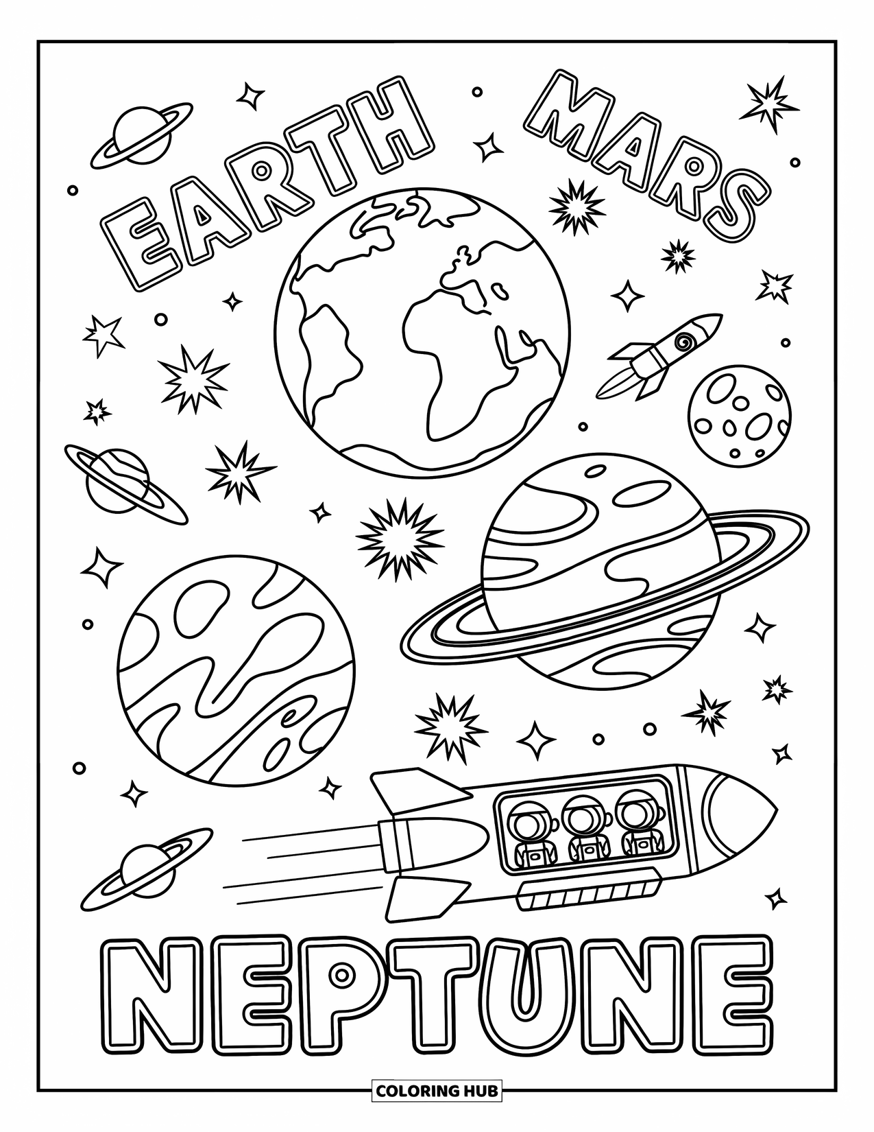 Planeet Kleurplaat voor Kinderen: Aarde, Mars en Neptunus knallen op een ruimtereis poster met een ruimteschip en speelse tekst