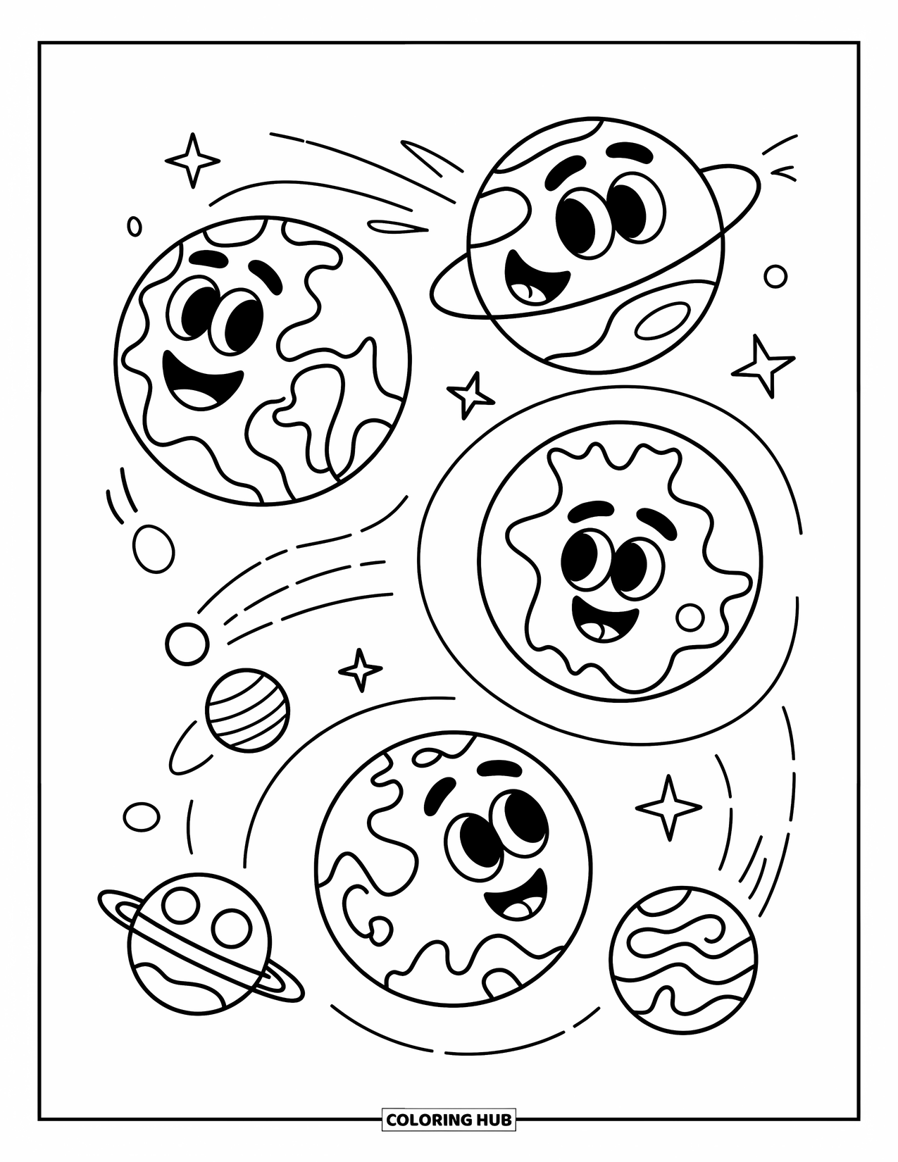 Planeet Kleurplaat voor Kinderen: Aarde, Mars en Venus cirkelen rond een lachende zon met vriendelijke gezichten en baanstreepjes