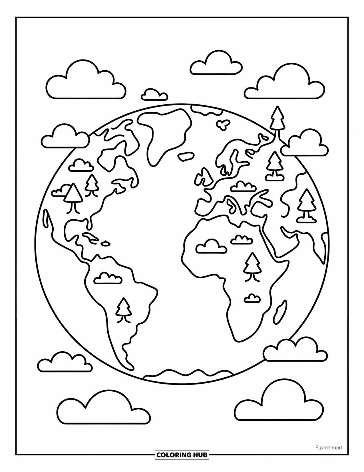 Planeet Kleurplaat voor Kinderen: De Aarde lacht met pluizige wolken die rond haar gek gevormde continenten, rivieren en kleine bomen zweven