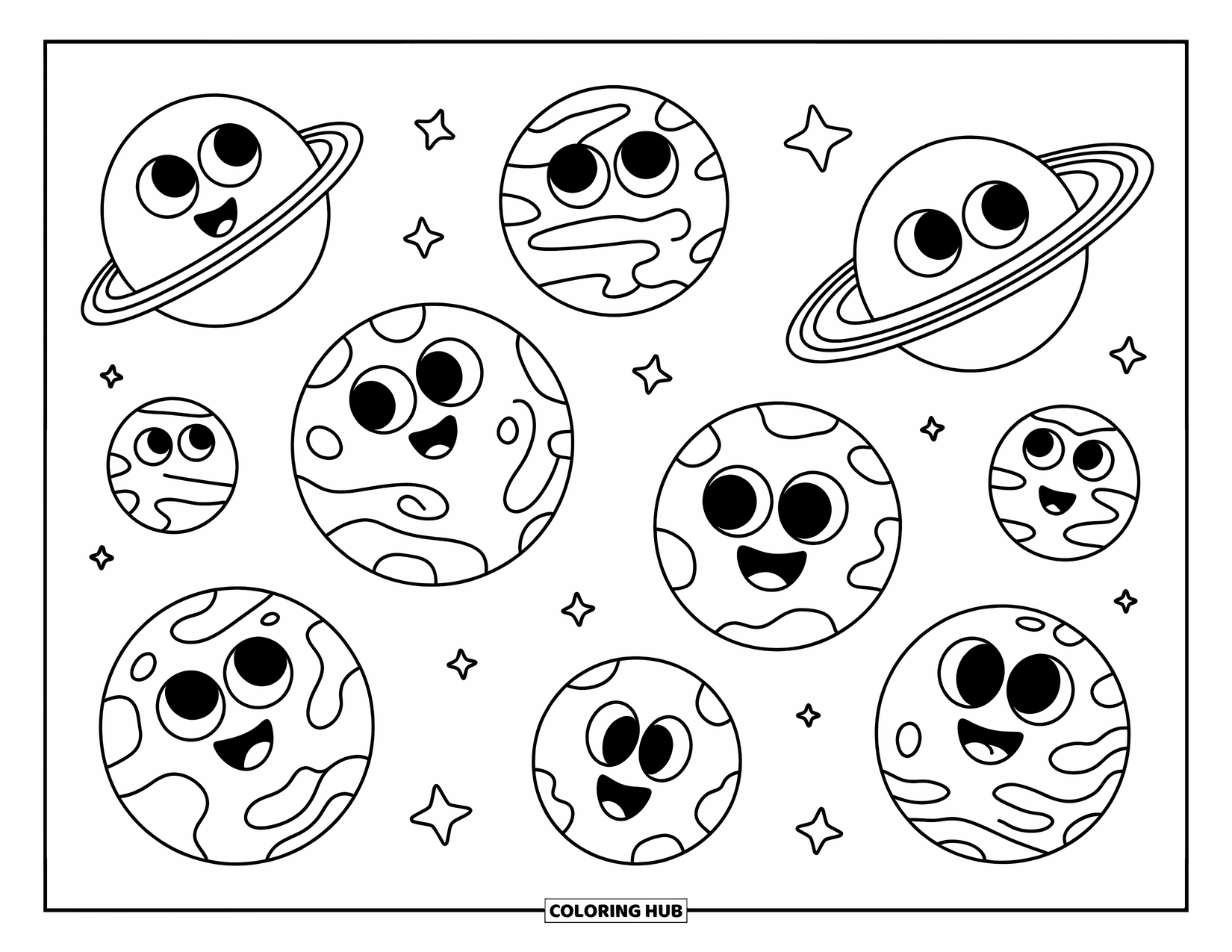 Planeet Kleurplaat voor Kinderen: Acht schattige planeten drijven door de ruimte, elk met een grote glimlach en zijn eigen gekke persoonlijkheid