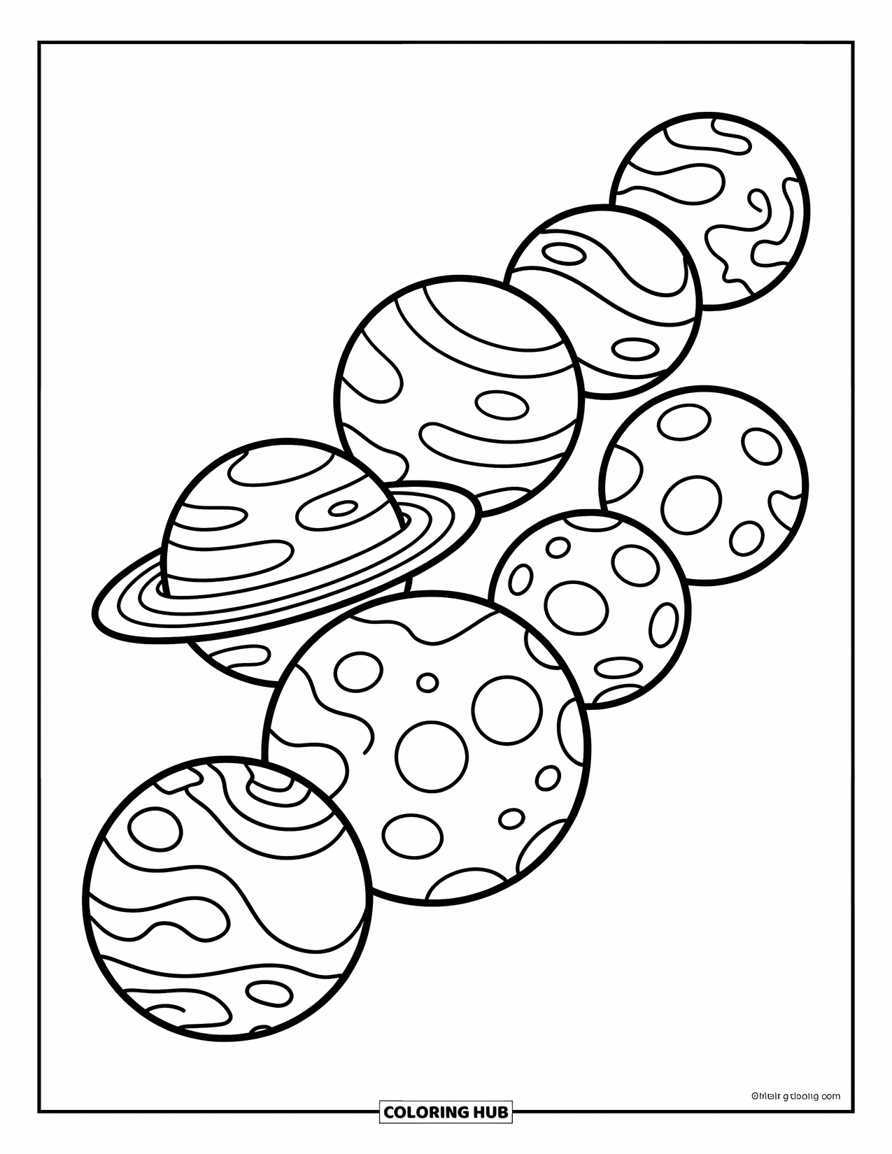 Planeet Kleurplaat voor Kinderen: Acht speelse planeten staan opgesteld in leuke vormen zoals sterren, manen en harten