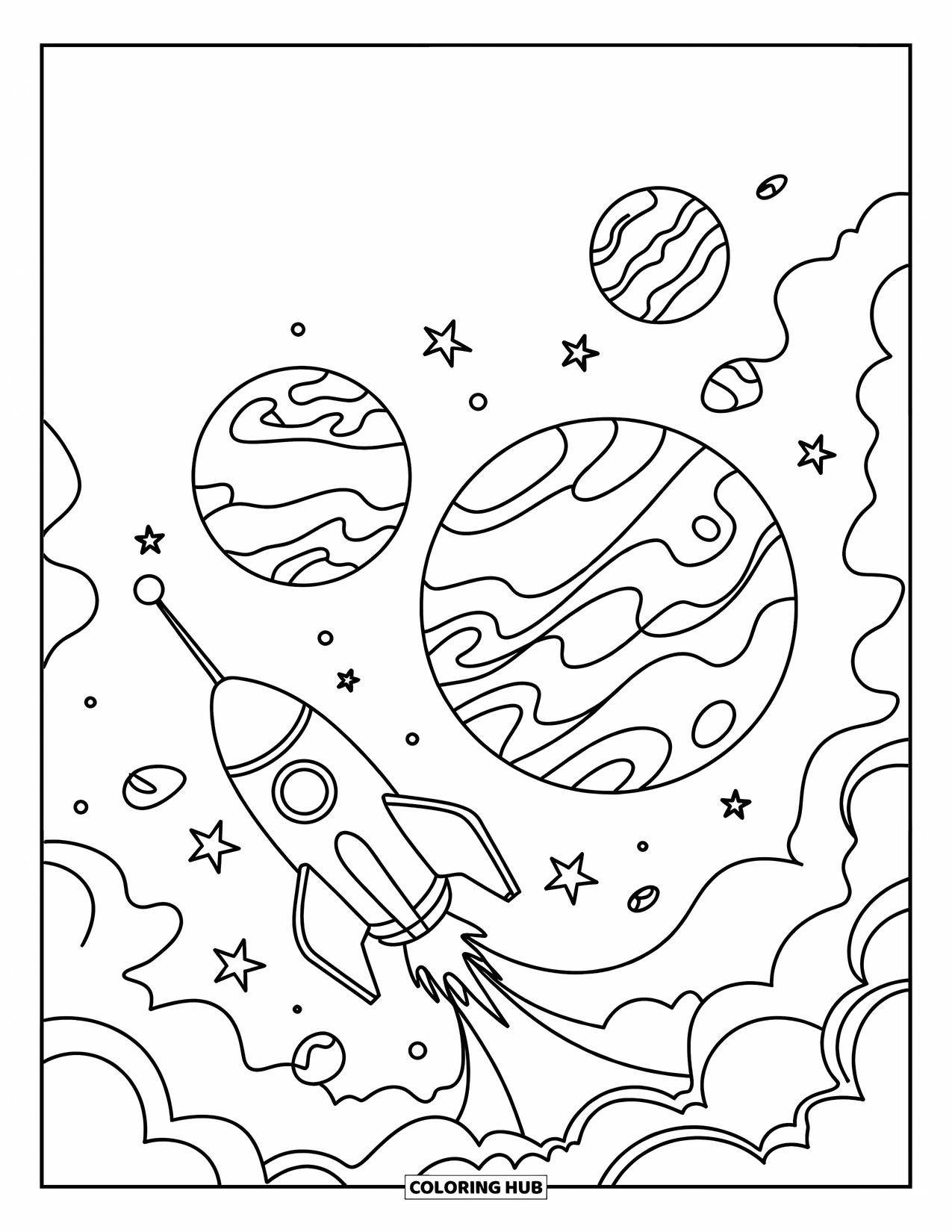 Planeet Kleurplaat voor Kinderen: Vriendelijke planeten en een vrolijke raket zweven in de ruimte, omgeven door sterren en wervelingen