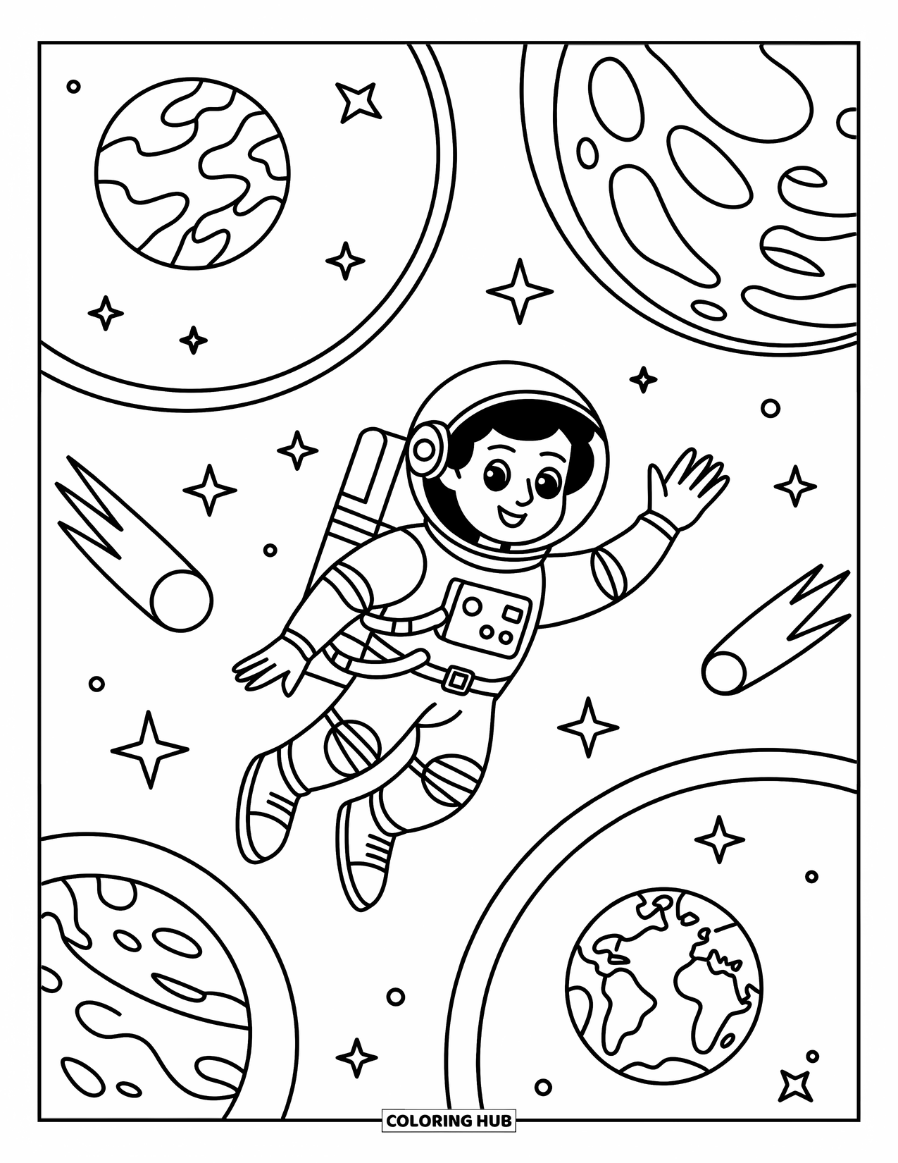 Planeet Kleurplaat voor Kinderen: Jetpack-verkenner drijft langs de Aarde en Mars met sterren, banen en satellieten eromheen