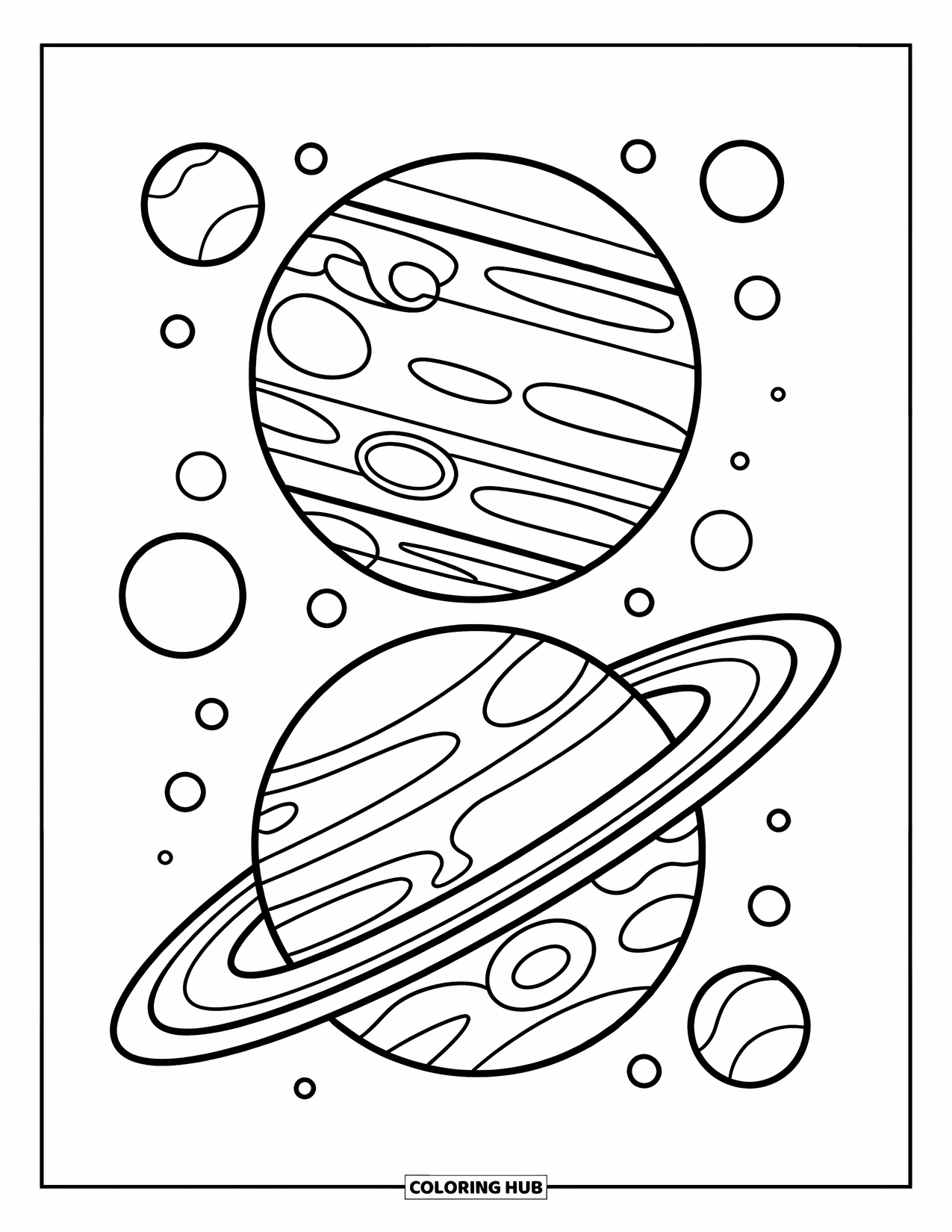 Planeet Kleurplaat voor Kinderen: Jupiter en Saturnus delen ruimte met vrolijke manen en leuke details in een baan om hen heen