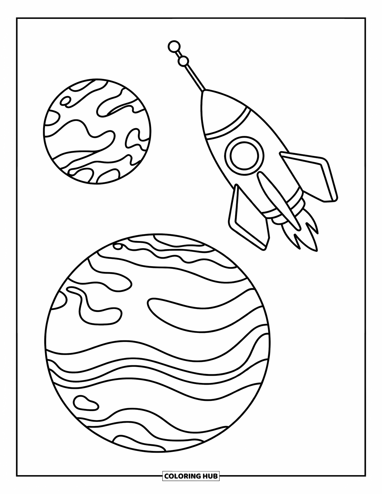 Planeet Kleurplaat voor Kinderen: Neptunus en Uranus hangen rond met een leuke raket in een ruimtescène vol charme