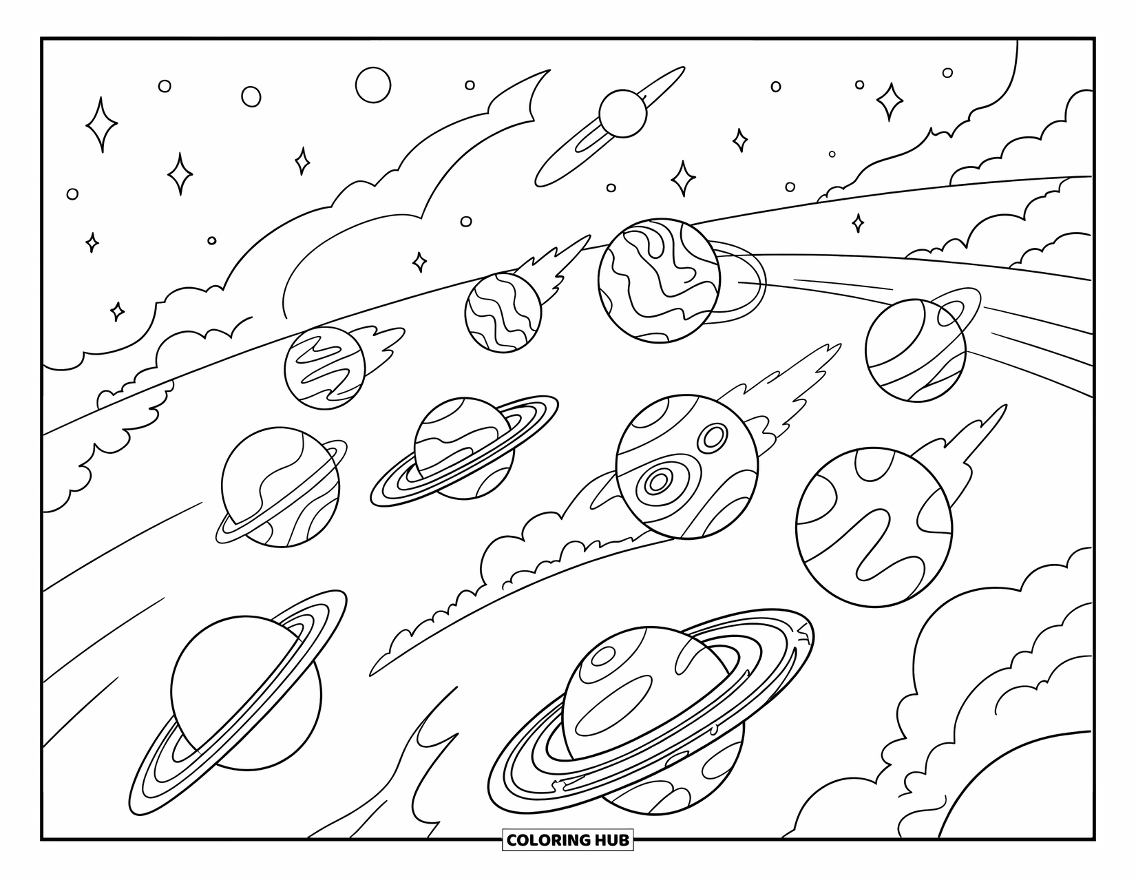Planeet Kleurplaat voor Kinderen: Negen unieke planeten zoomen op baanlijnen en schoppen stof op in een sterrenstelsel