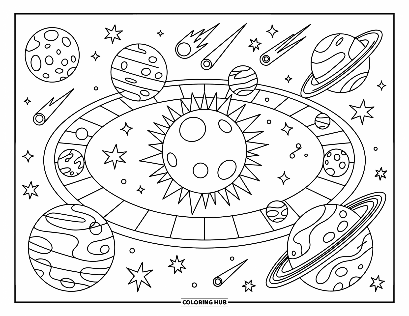Planeet Kleurplaat voor Kinderen: Planeten cirkelen rond een zon in een leuke bordspel lay-out vol met sterren en kometen