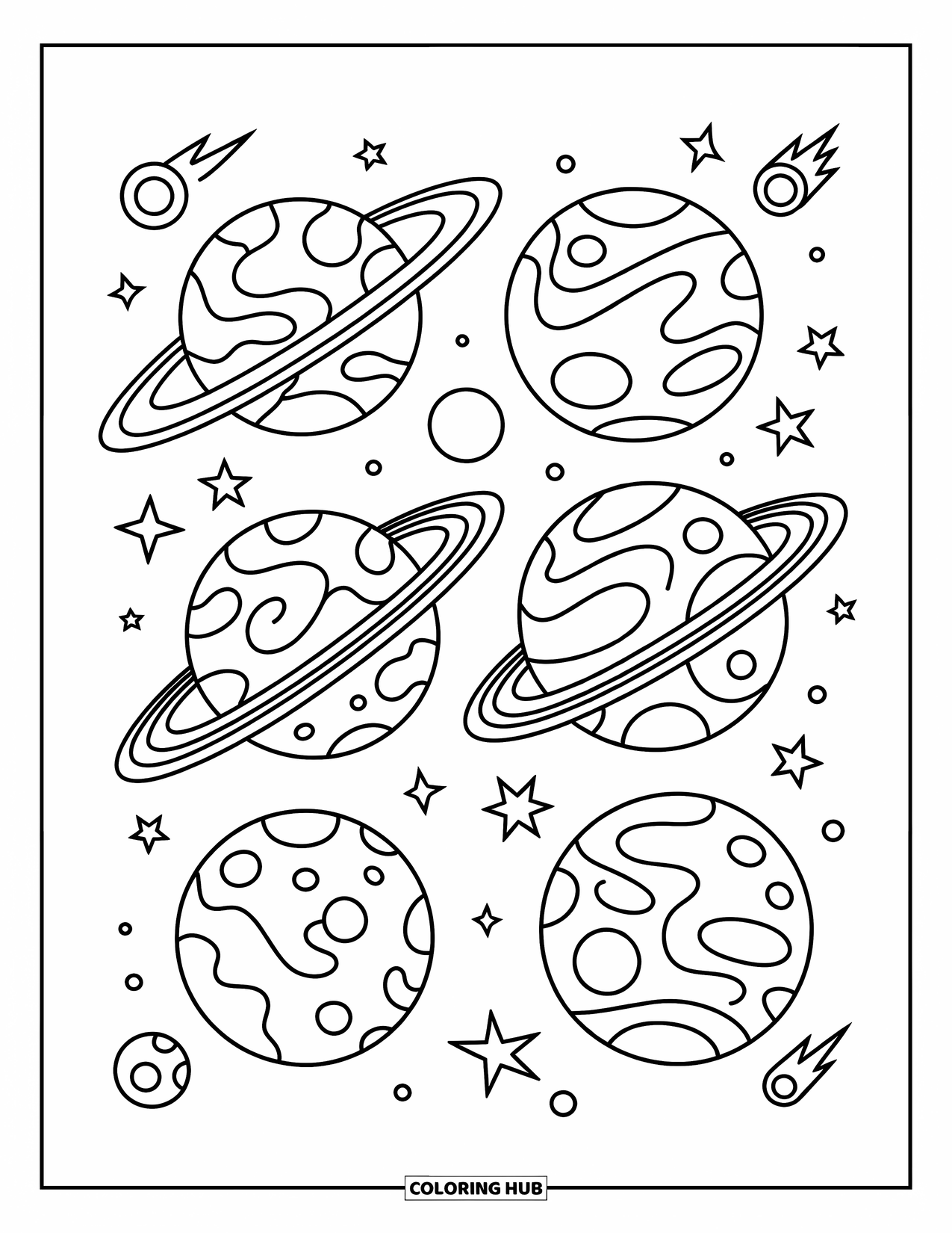 Planeet Kleurplaat voor Kinderen: Planeten, manen en satellieten draaien in een speelse lay-out vol sterren en kometen