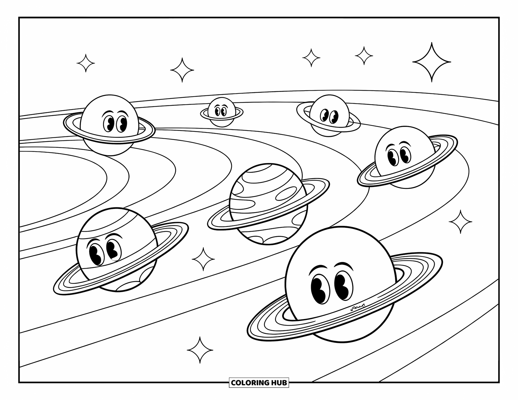 Planeet Kleurplaat voor Kinderen: Planeten racen langs baanlijnen met helmen en glimlachen onder een sterrenhemel