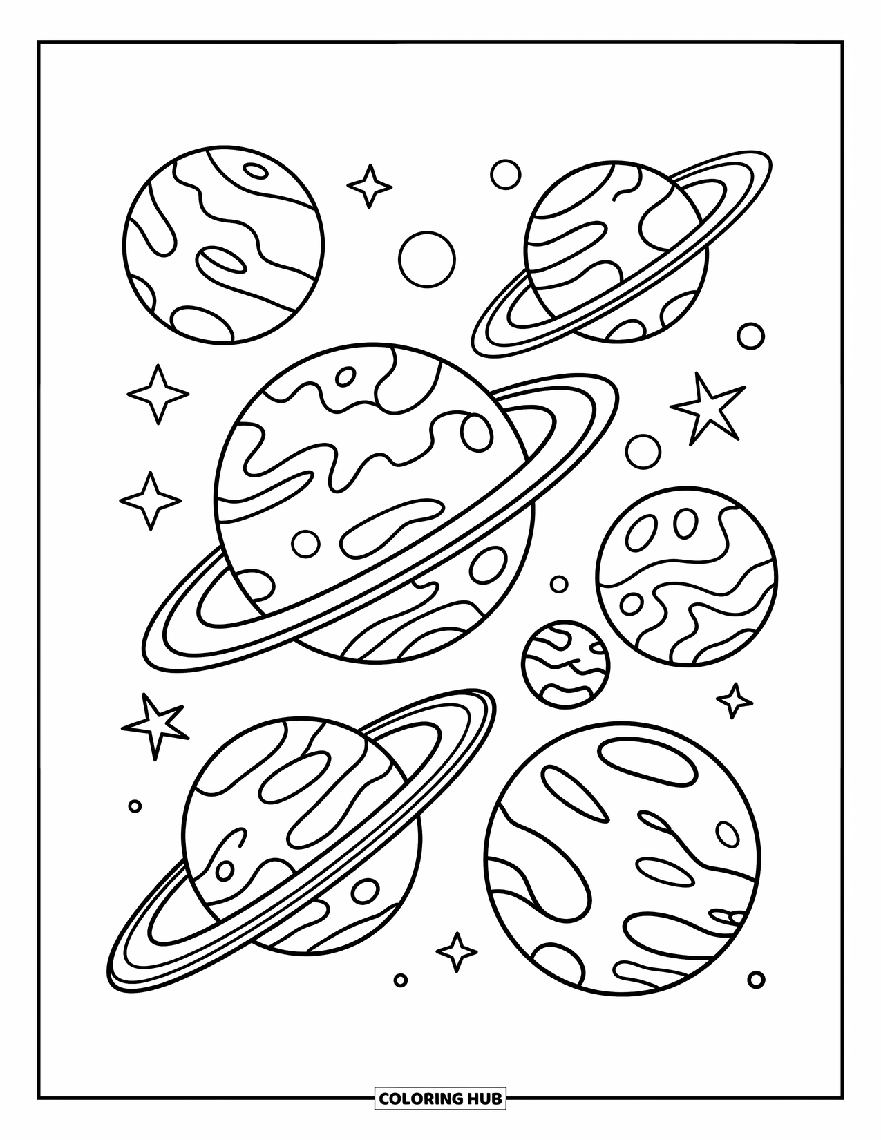 Planeet Kleurplaat voor Kinderen: Planeten met wervelingen, ringen en satellieten zweven in de ruimte met duidelijke contouren en heldere tussenruimte