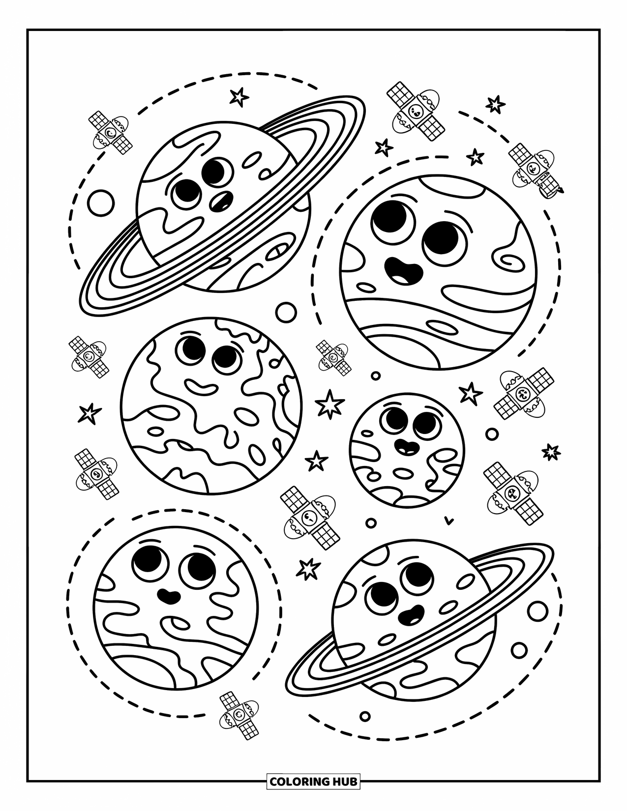 Planeet Kleurplaat voor Kinderen: Speelse planeten met gezichten draaien in stippellijnen, gevolgd door kleine, vrolijke satellieten