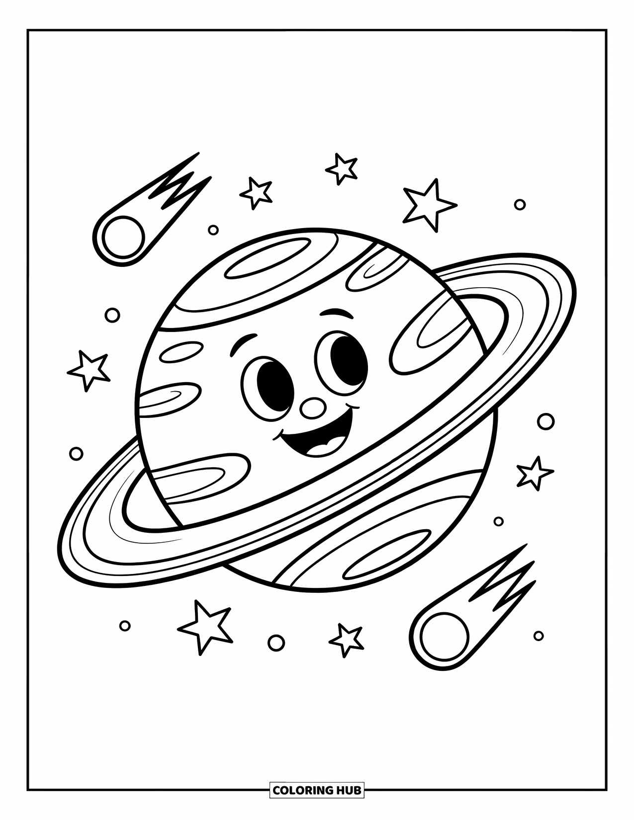 Planeet Kleurplaat voor Kinderen: Saturnus grijnst onder zijn brede ringen, omringd door stippen, sterren en een werveling van plezier
