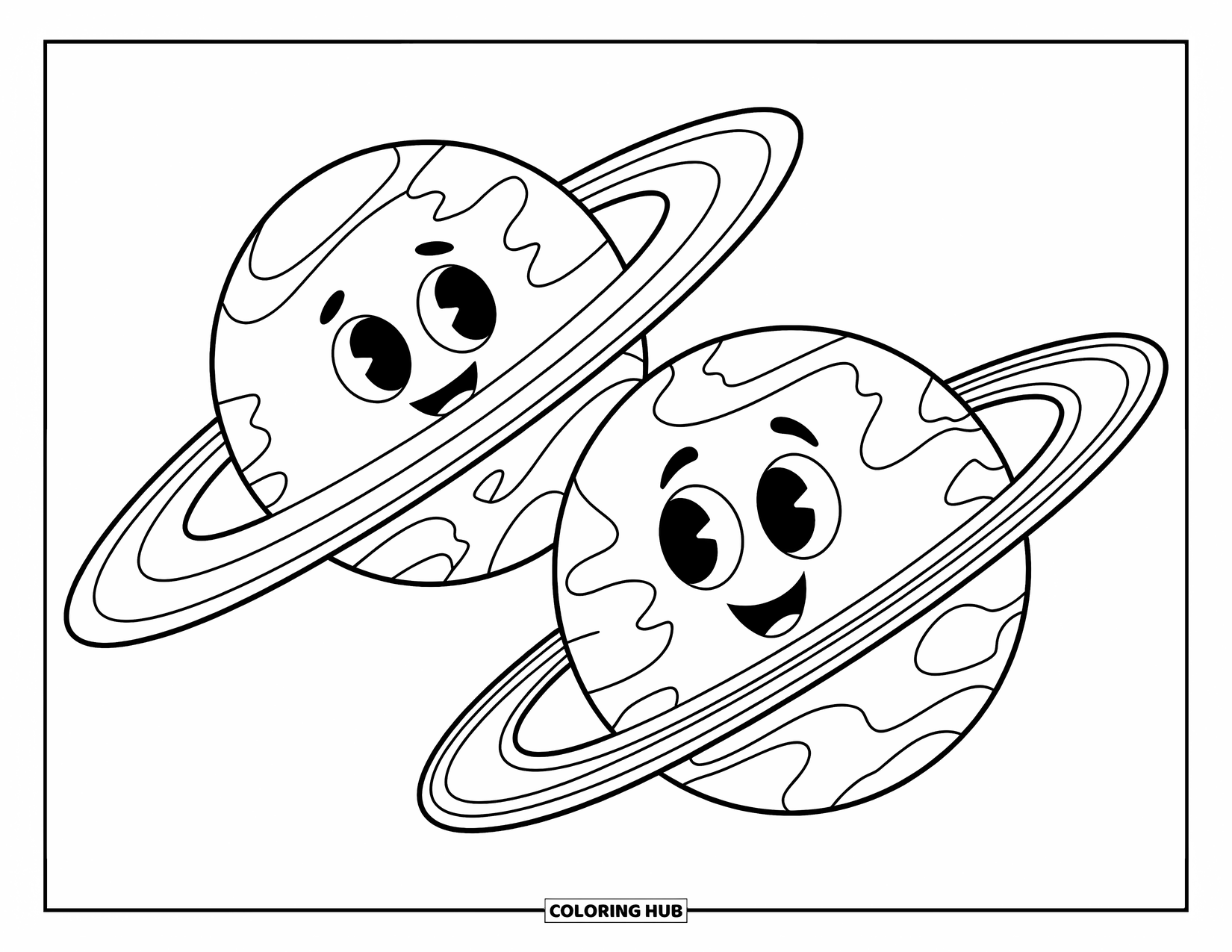 Planeet Kleurplaat voor Kinderen: Saturnus grijnst breed terwijl Uranus kalm zweeft, beiden omringd door sterren en zachte beweging