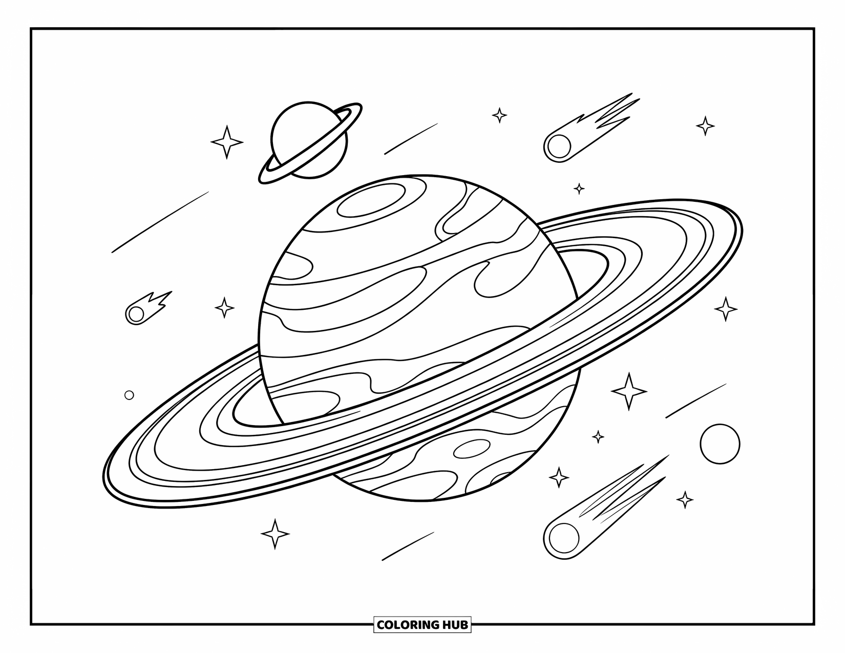 Planeet Kleurplaat voor Kinderen: Saturnus schijnt met gelabelde manen die rond zijn ringen draaien en kleine kometen in de buurt