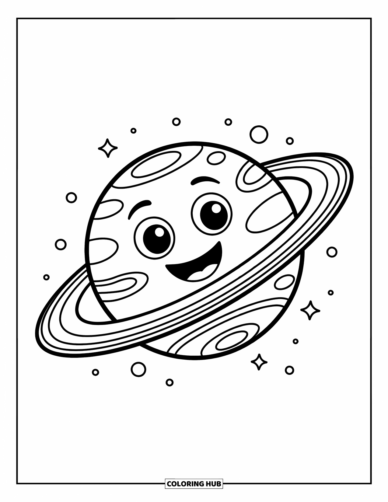 Planeet Kleurplaat voor Kinderen: Saturnus lacht helder terwijl gestippelde banen twinkelen langs zijn gebogen draaiende ringen