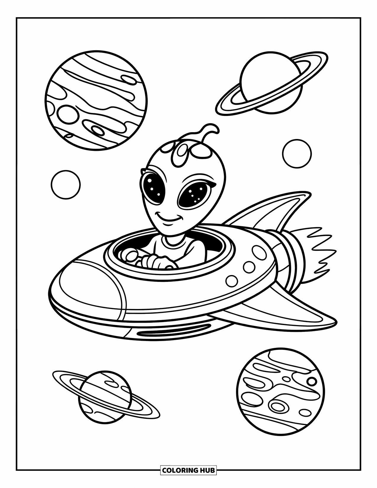 Planeet Kleurplaat voor Kinderen: Glimlachende alien vliegt in de buurt van gigantische planeten en navigeert een leuk schip door een veld van sterren