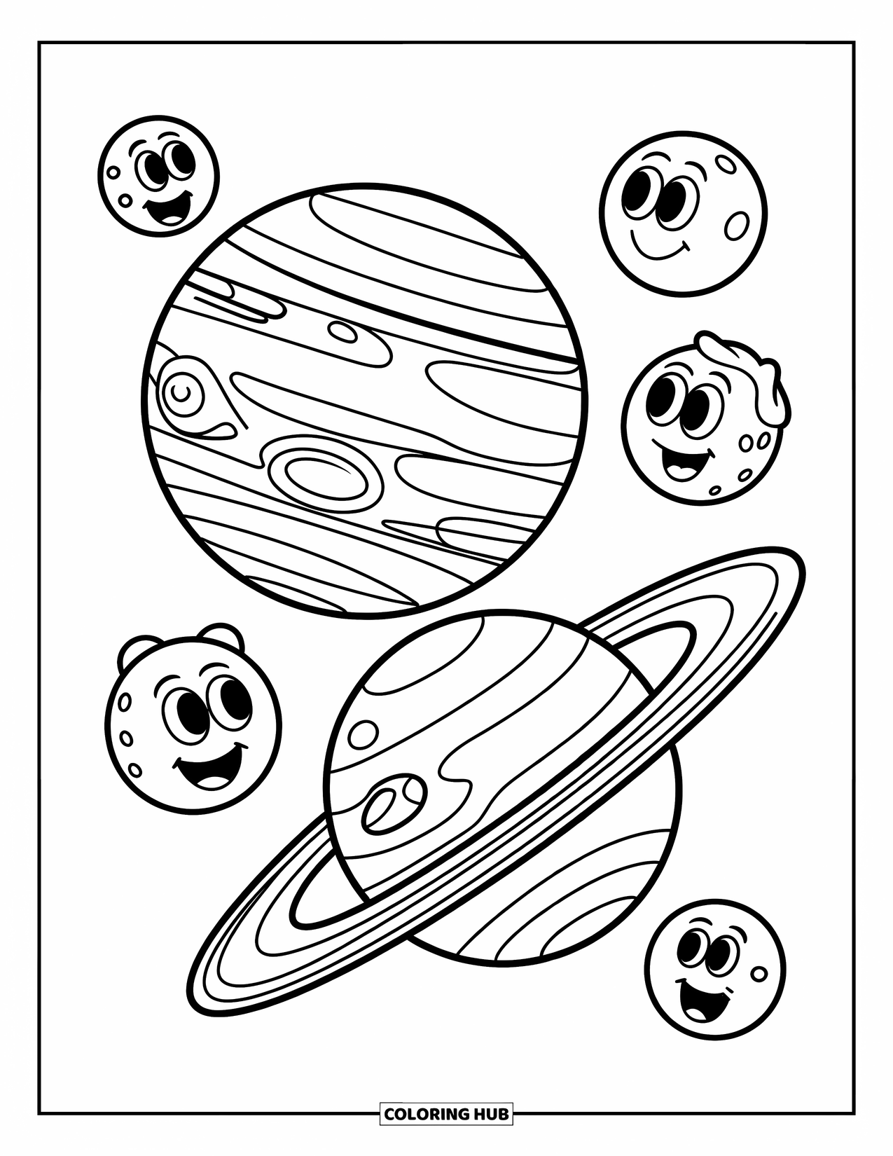 Planeet Kleurplaat voor Kinderen: Glimlachende manen draaien rond Jupiter en Saturnus, omringd door sterren en gedurfde patronen in cartoonstijl