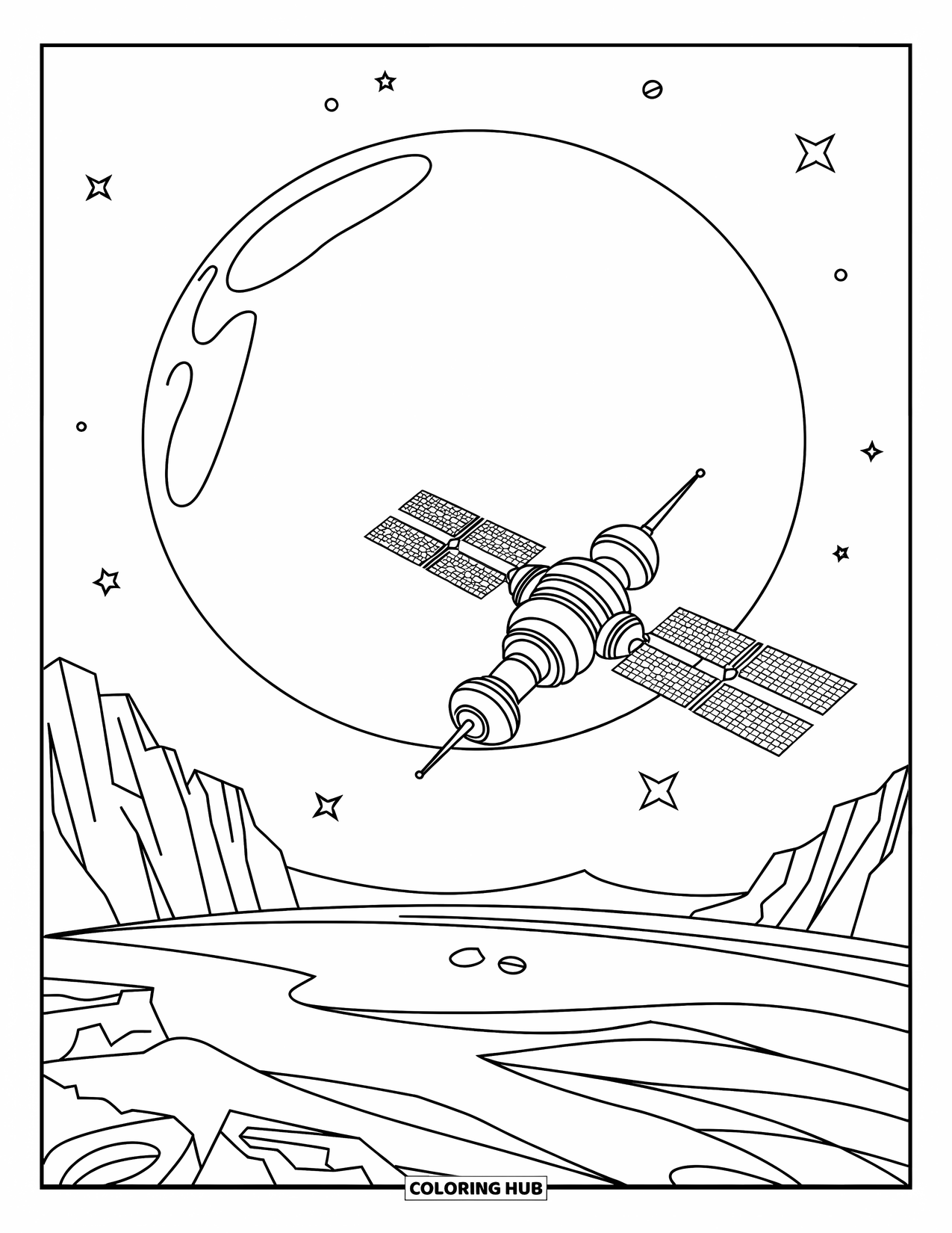 Planeet Kleurplaat voor Kinderen: Zonnepanelen en antennes strekken zich uit van een ruimtestation op rotsachtige kliffen en vlaktes onder de sterren