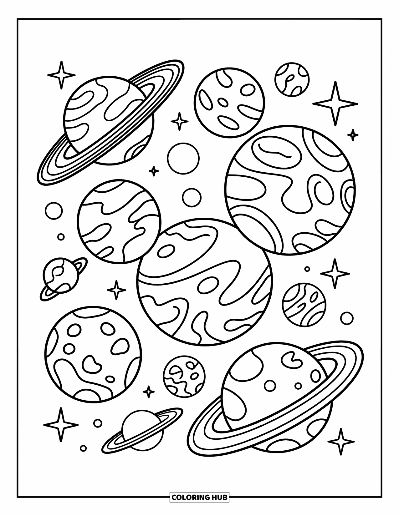 Planeet Kleurplaat voor Kinderen: Gestileerde planeten met ringen en satellieten zweven in de ruimte met sterren en wervelende details