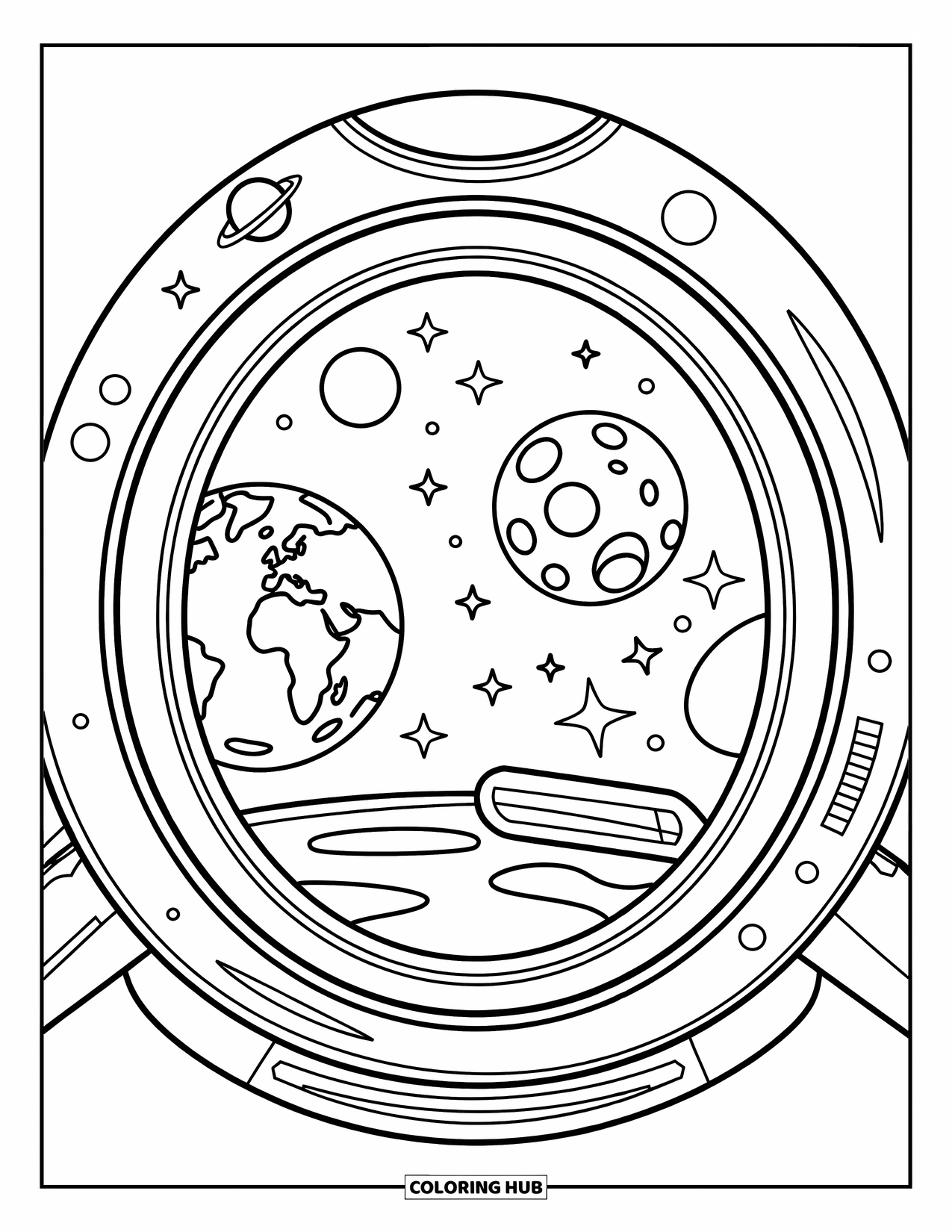 Planeet Kleurplaat voor Kinderen: Door een ruimteschipraam verschijnen de maan en de Aarde zij aan zij met sterren eromheen