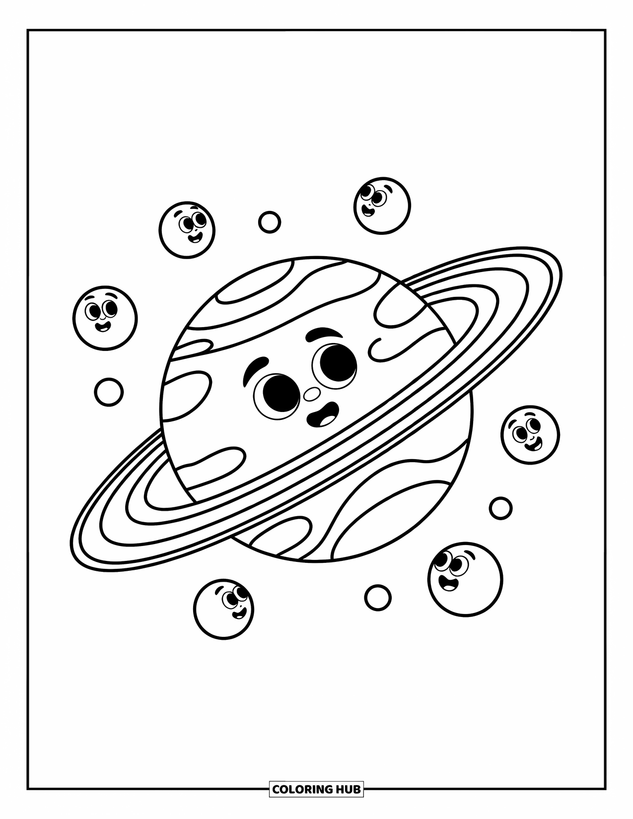 Planeet Kleurplaat voor Kinderen: Uranus gloeit met een zachte glimlach terwijl manen in de buurt in speelse banen draaien