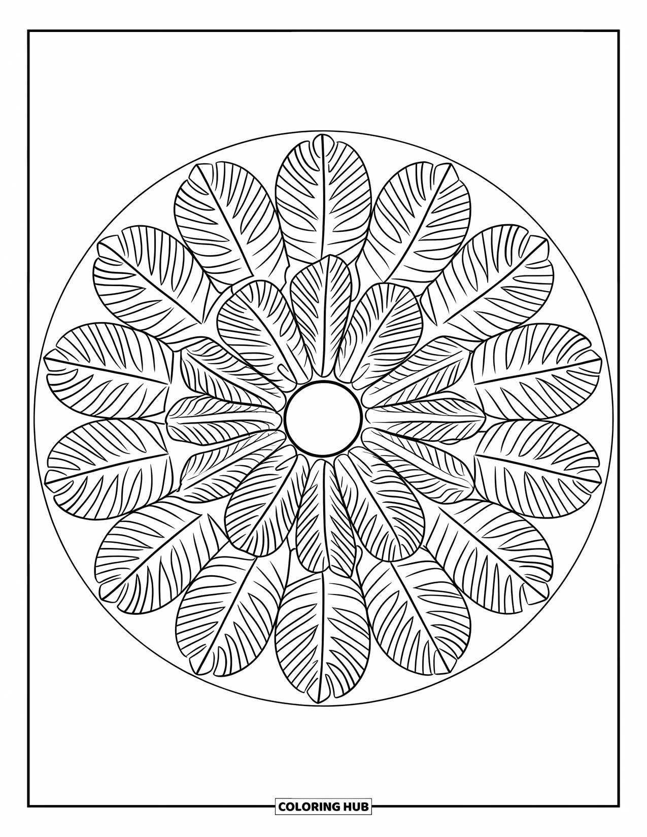 Desenho de planta para colorir para adultos: Uma mandala completa de folhas de monstera se espalha em camadas tranquilas
