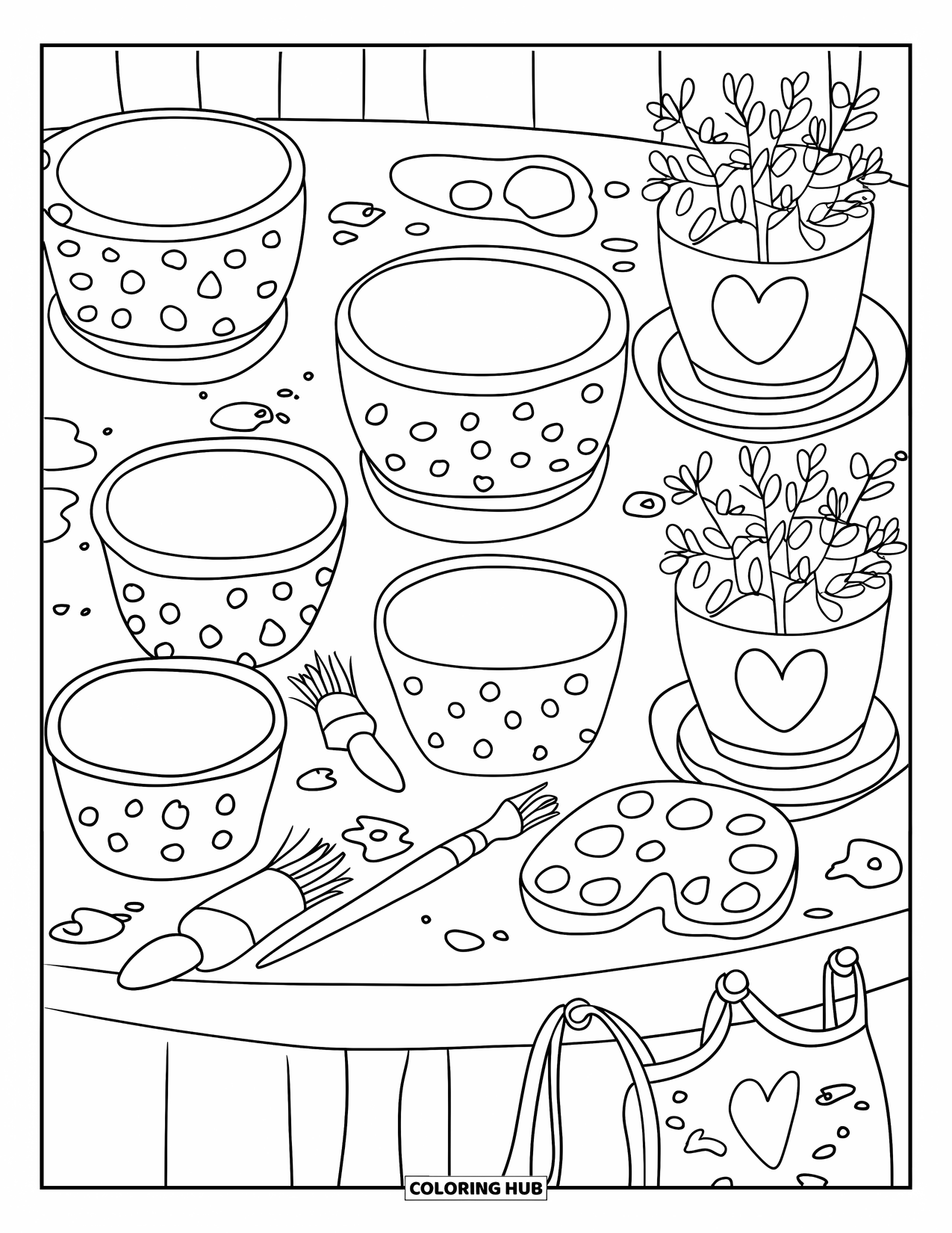 Desenho de Plantas para Colorir para Adultos: Uma mesa de pintura contém vasos em branco, adesivos e vasos de plantas felizes e finalizados