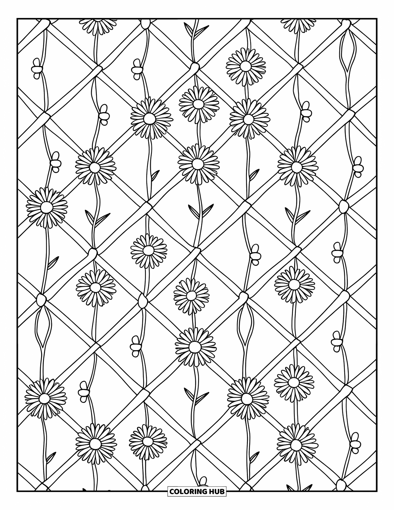 Desenho de Plantas para Colorir para Adultos: Uma treliça padronizada contém flores e hastes em um design calmo e elegante