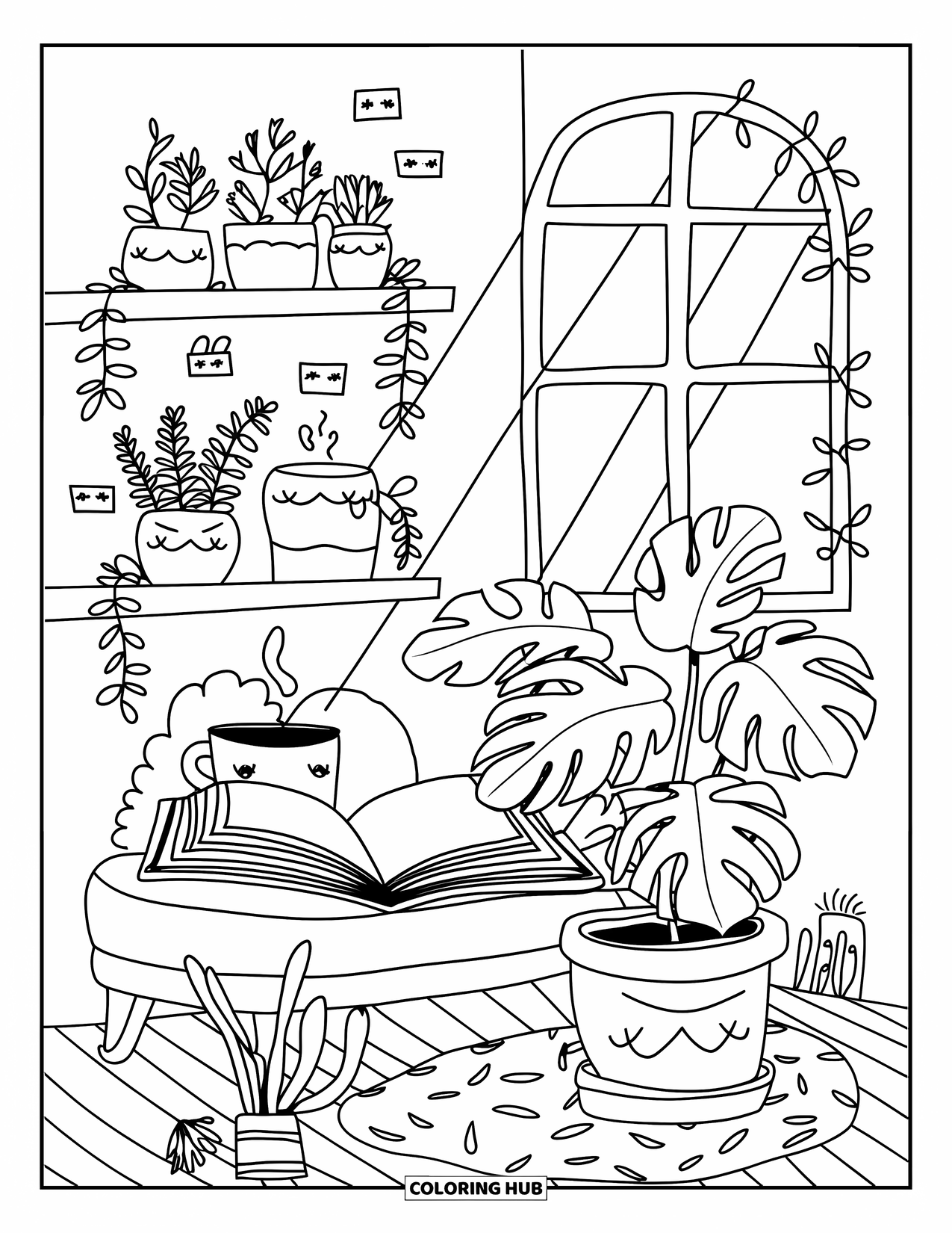 Desenho de Plantas para Colorir para Adultos: Um recanto de leitura cheio de plantas tem uma xícara fumegante e plantas rotuladas em prateleiras