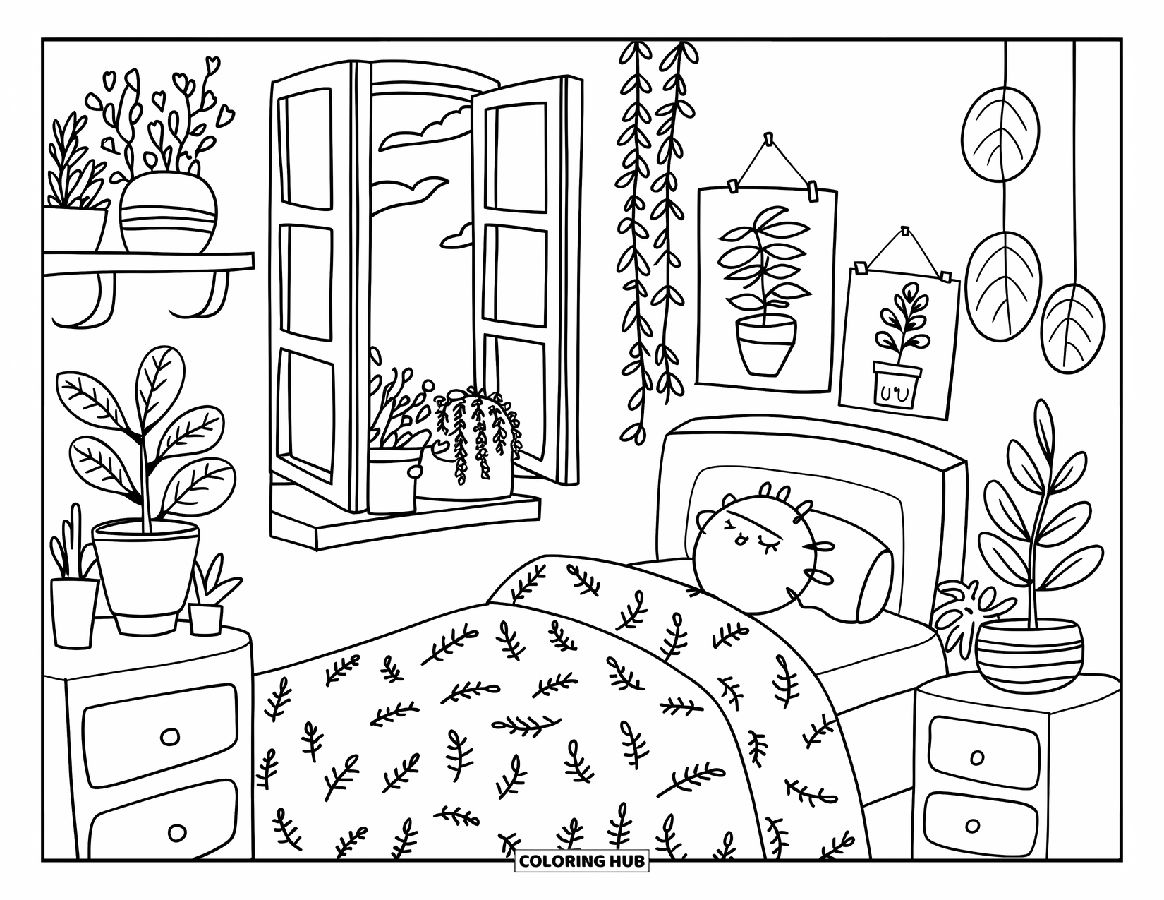 Desenho de Plantas para Colorir para Adultos: Uma brisa suave flui por um quarto fofo cheio de plantas e detalhes aconchegantes