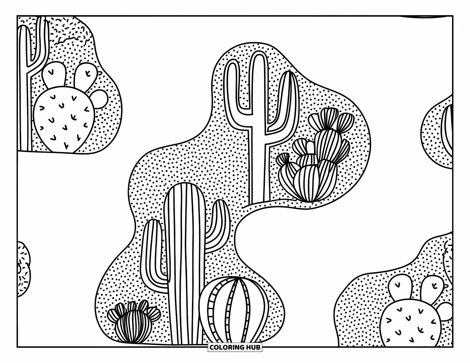 Desenho de planta para colorir para adultos: Cactos de todas as formas estão entre pedrinhas pontilhadas em uma cena relaxante do deserto