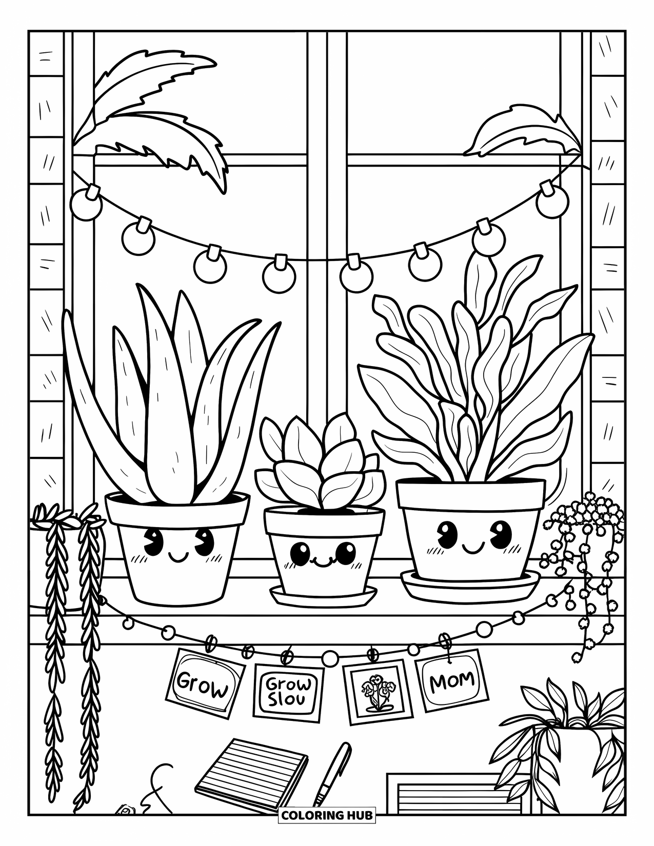 Desenho de Plantas para Colorir para Adultos: Plantas fofas com sorrisos repousam em uma prateleira com luzes de fadas e um caderno