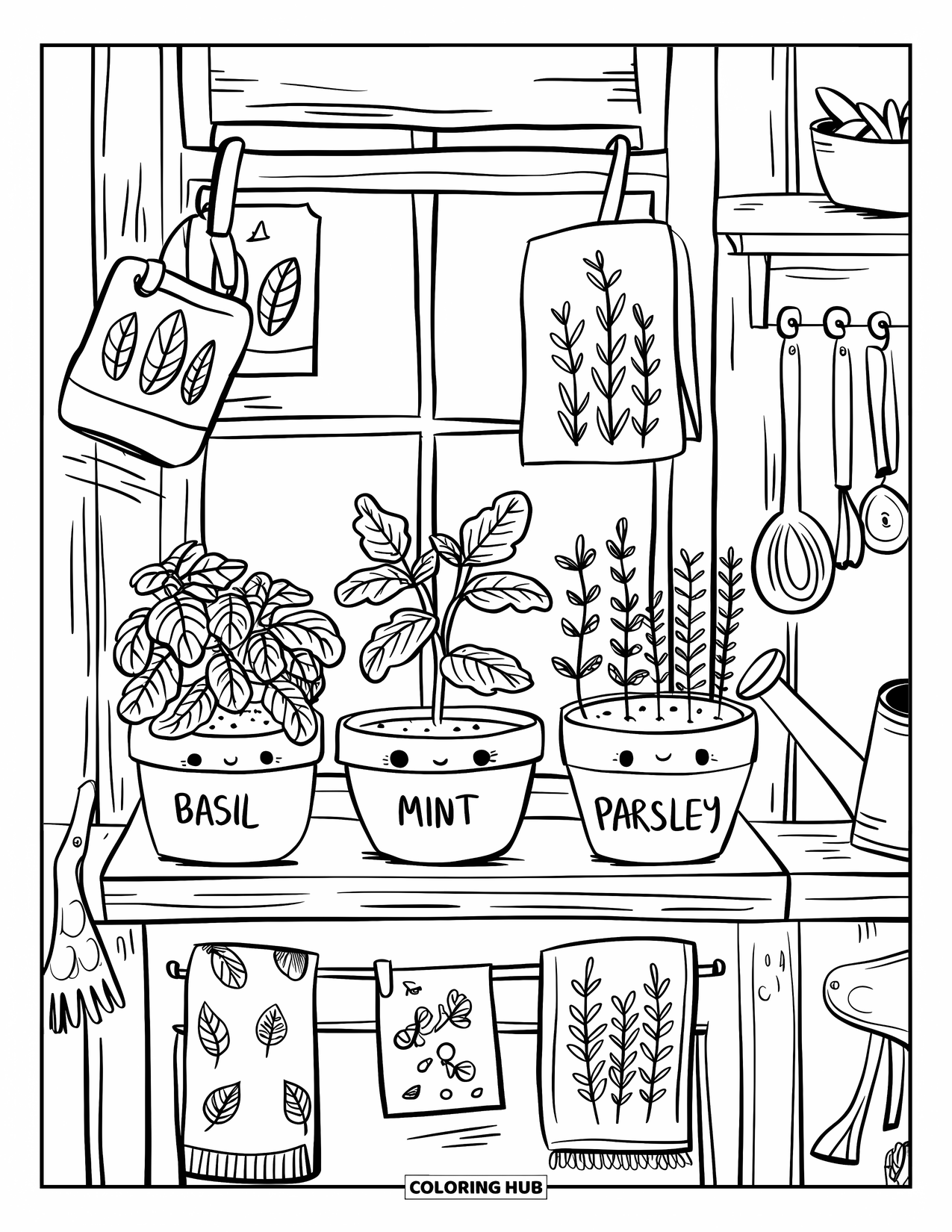 Desenho de Plantas para Colorir para Adultos: Ervas felizes crescem em vasos rotulados perto de cartões de receita e panos de cozinha