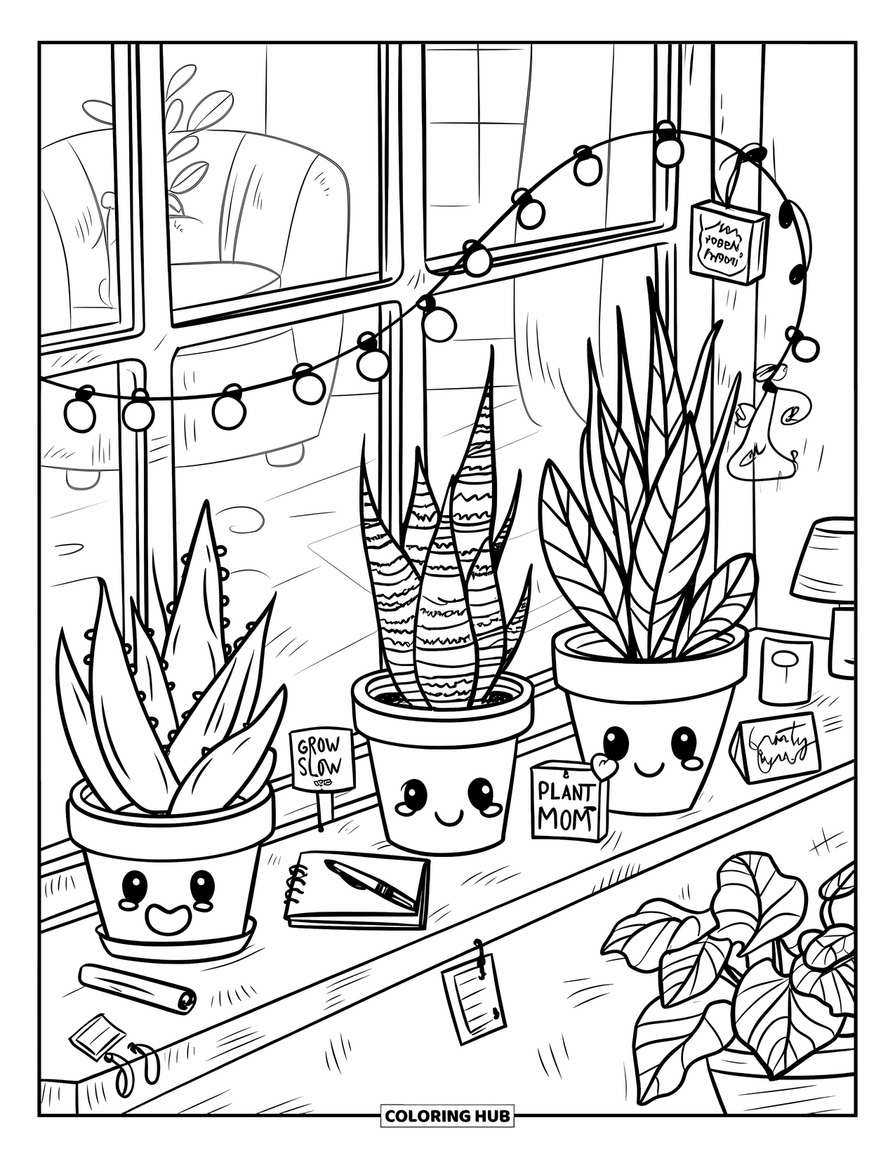 Desenho de Plantas para Colorir para Adultos: Pequenas plantas felizes estão em uma prateleira brilhante com placas e luzes de fadas