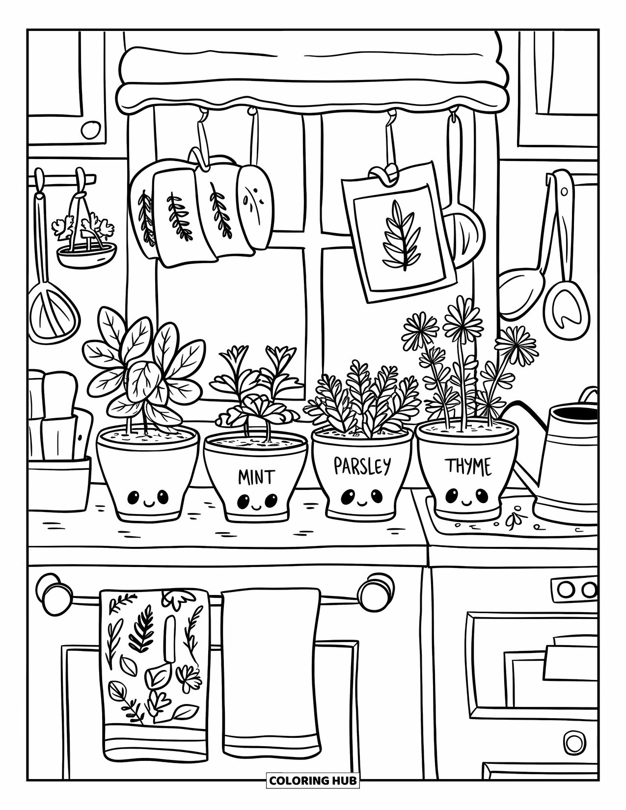 Desenho de Plantas para Colorir para Adultos: Vasos de ervas rotulados sorriem em um parapeito de cozinha com decoração fofa