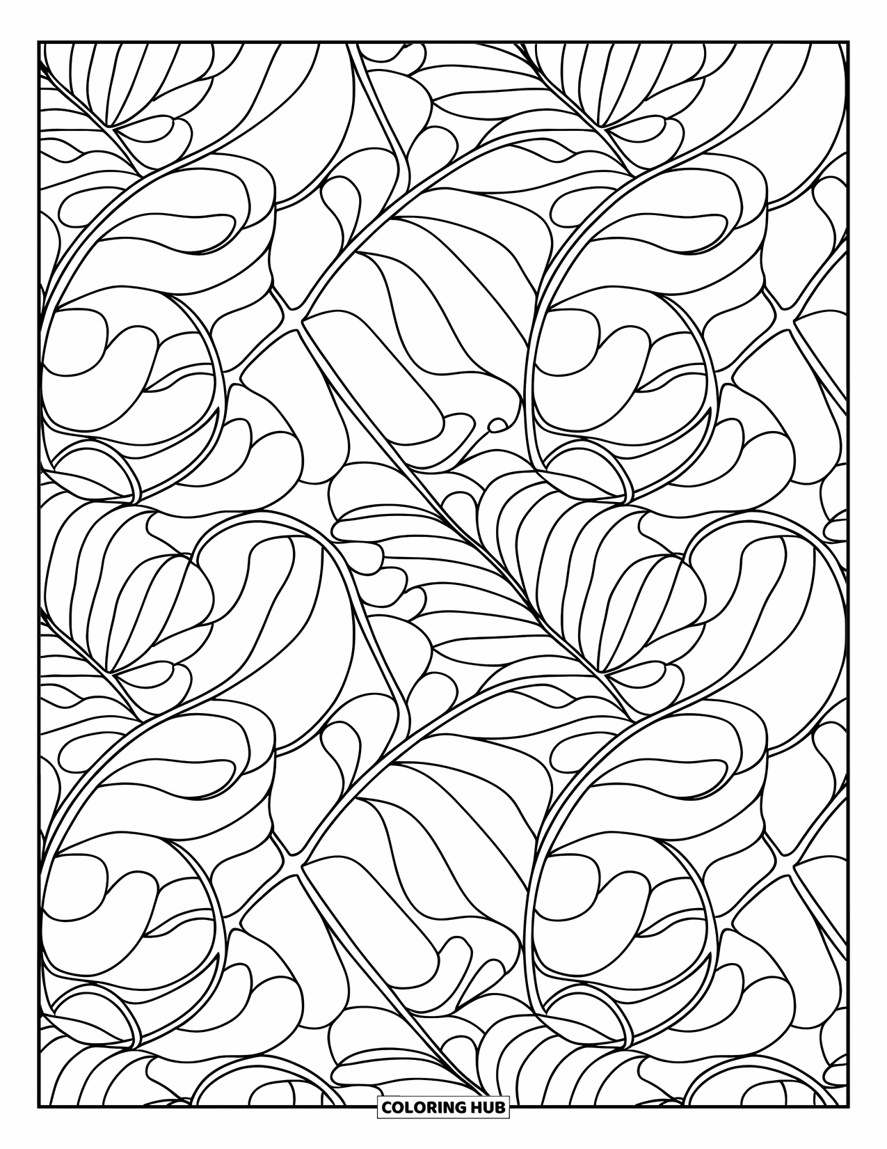 Desenho de Plantas para Colorir para Adultos: Frondes de samambaia sobrepostas criam um fundo folhoso elegante e contínuo