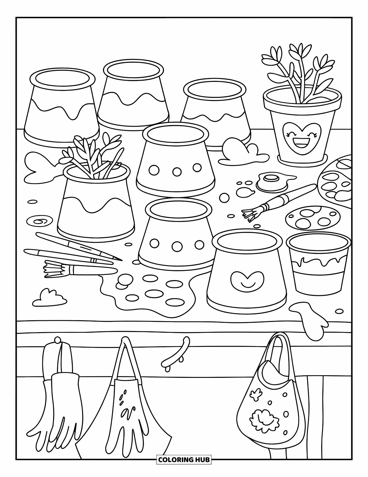 Desenho de Plantas para Colorir para Adultos: Luvas respingadas de tinta penduradas por perto enquanto os vasos são decorados com padrões divertidos