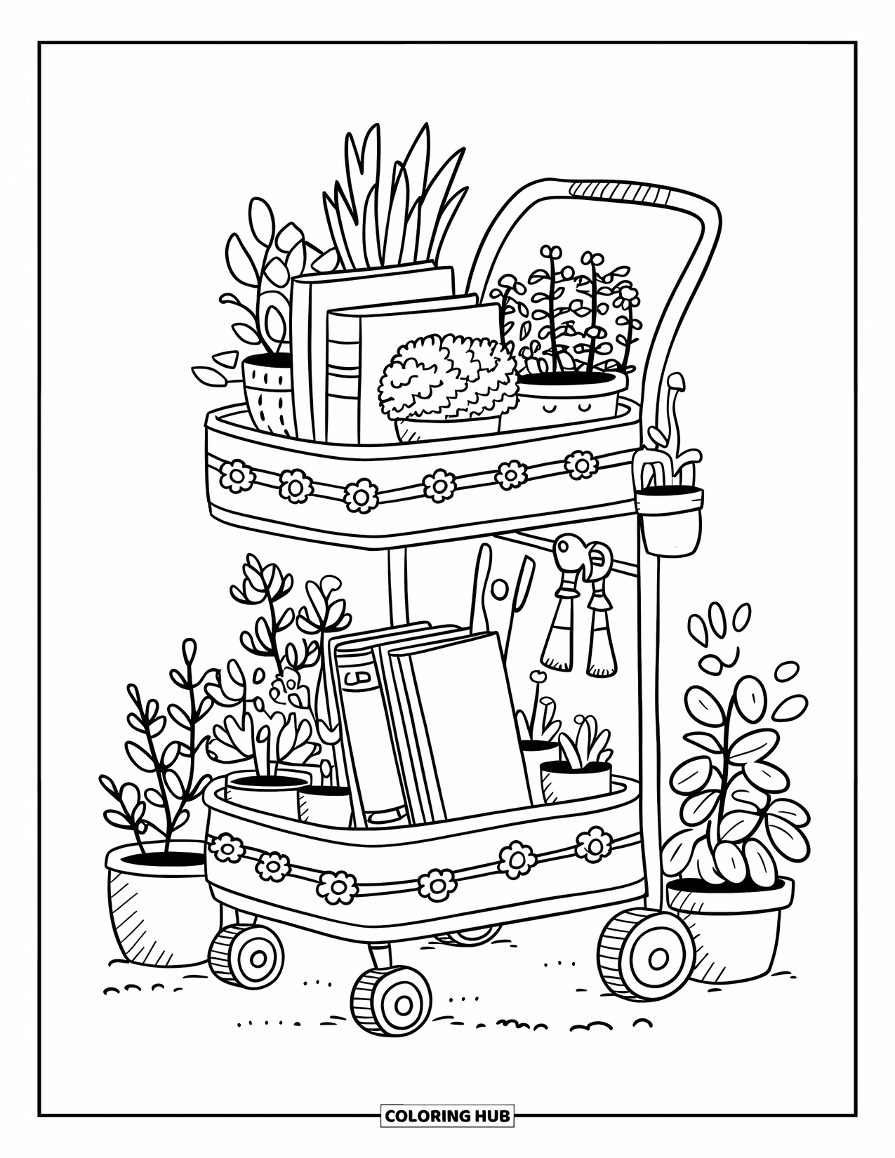 Desenho de Plantas para Colorir para Adultos: Livros e ferramentas de plantas enchem um carrinho decorado em um quarto aconchegante