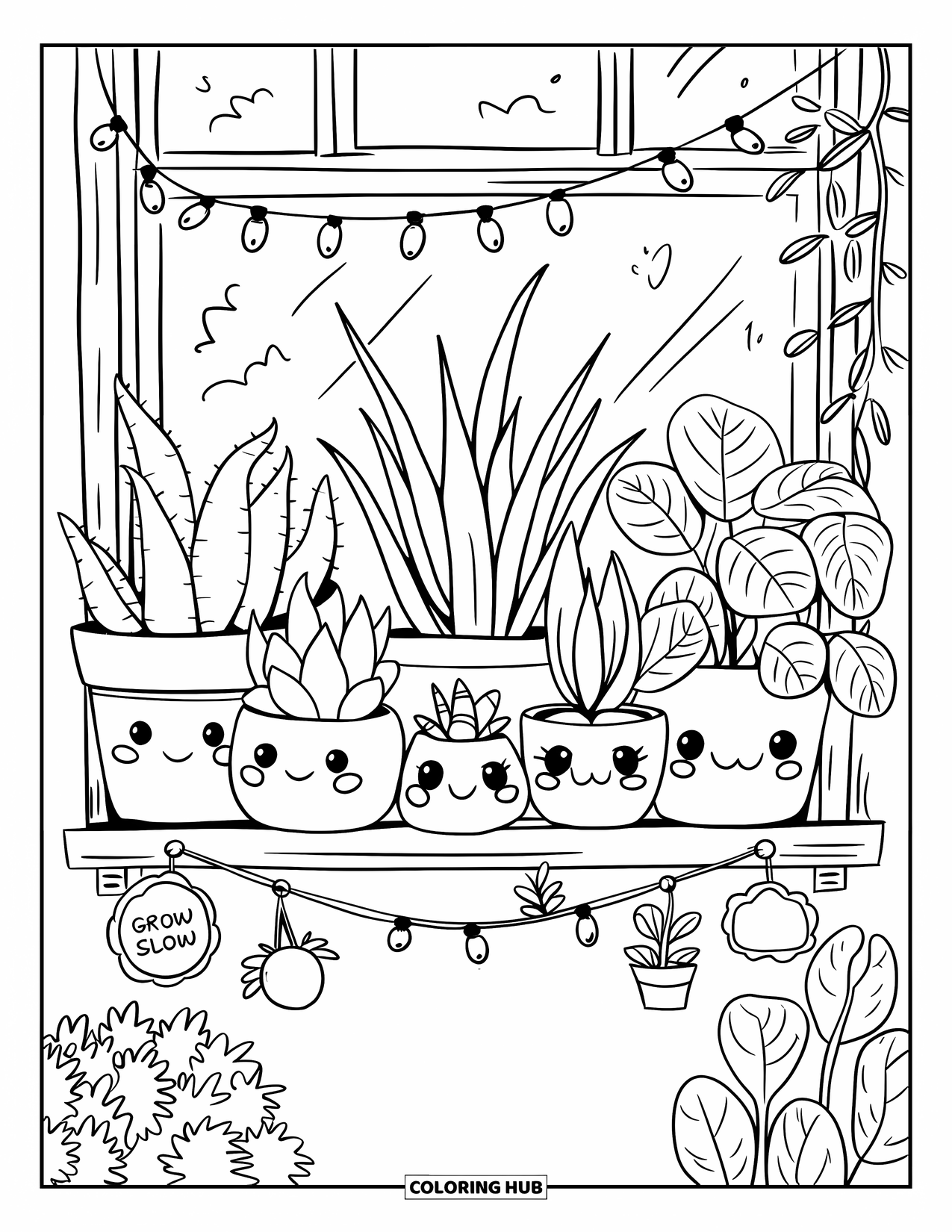 Desenho de Plantas para Colorir para Adultos: Aloe, planta cobra e pothos sorridentes estão em uma janela ensolarada