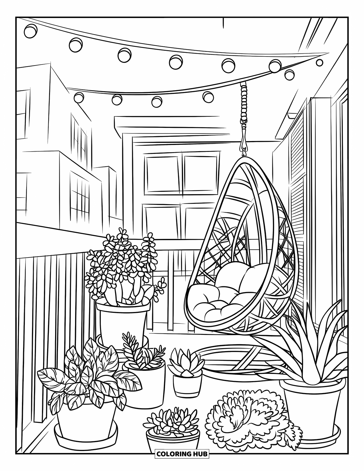 Desenho de Planta para Colorir para Crianças: Uma varanda cheia de ervas em vasos e uma cadeira suspensa sob luzes de corda