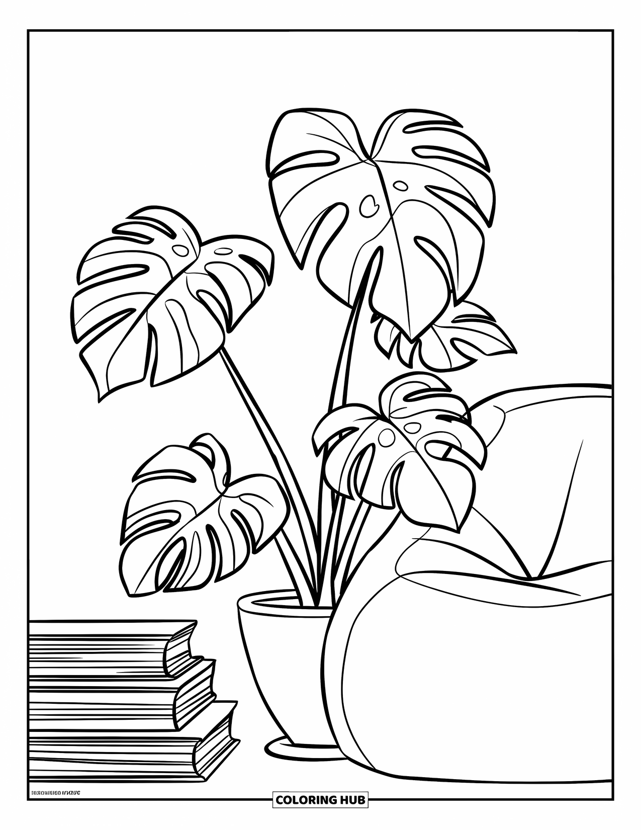 Desenho de Planta para Colorir para Crianças: Um puff e livros repousam ao lado de uma planta monstera frondosa