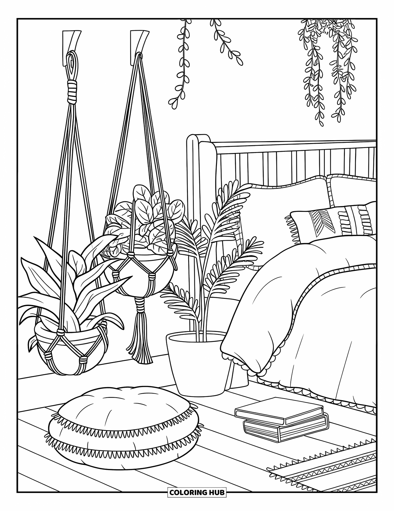 Desenho de Planta para Colorir para Crianças: Um quarto com plantas, livros e móveis macios cria uma vibração pacífica